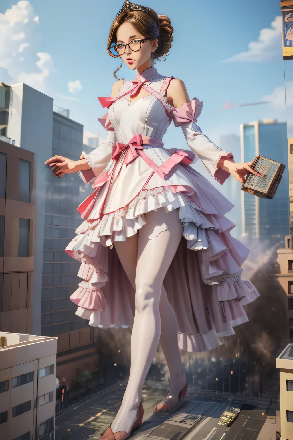giantess art, highly detailed giantess shots, giantess, Two legs, Five fingers, short hair, super giant princess, A beautiful girl who is bigger than any skyscraper, Wearing rimless glasses, Big Breasts, White gorgeous dress, White Pantyhose, white pantyhose, White stiletto sandals, toes visible through pantyhose, Destroying cities, A very small big city, Miniature metropolis, Full body description, GTS, giga giantess, stomping city, crash city, tiny city, micro city, pantyhose feet, High resolution, highest quality, masterpiece, princess dress, 