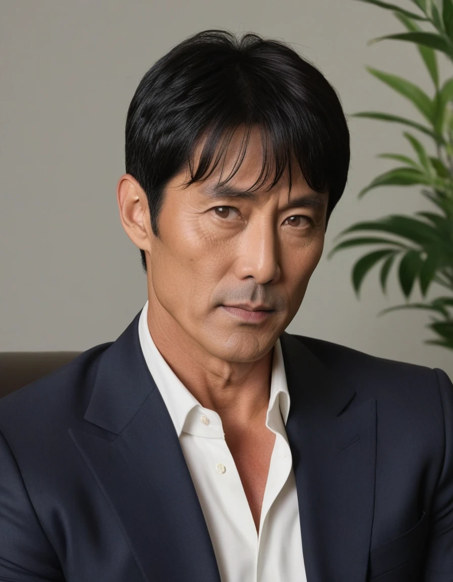 1man, japanese dilf, vice principal, 50yo, black hair, short hair, center parted bangs, handsome, smart ellipse face, middle-muscular, beautiful detailed eyes, dandy, gentle, ikemen, , BREAK solo, business suit, sitting on sofa, wideshot, interview scene, principal's office, upperbody, 8k, sharp focus, extreme all detailed