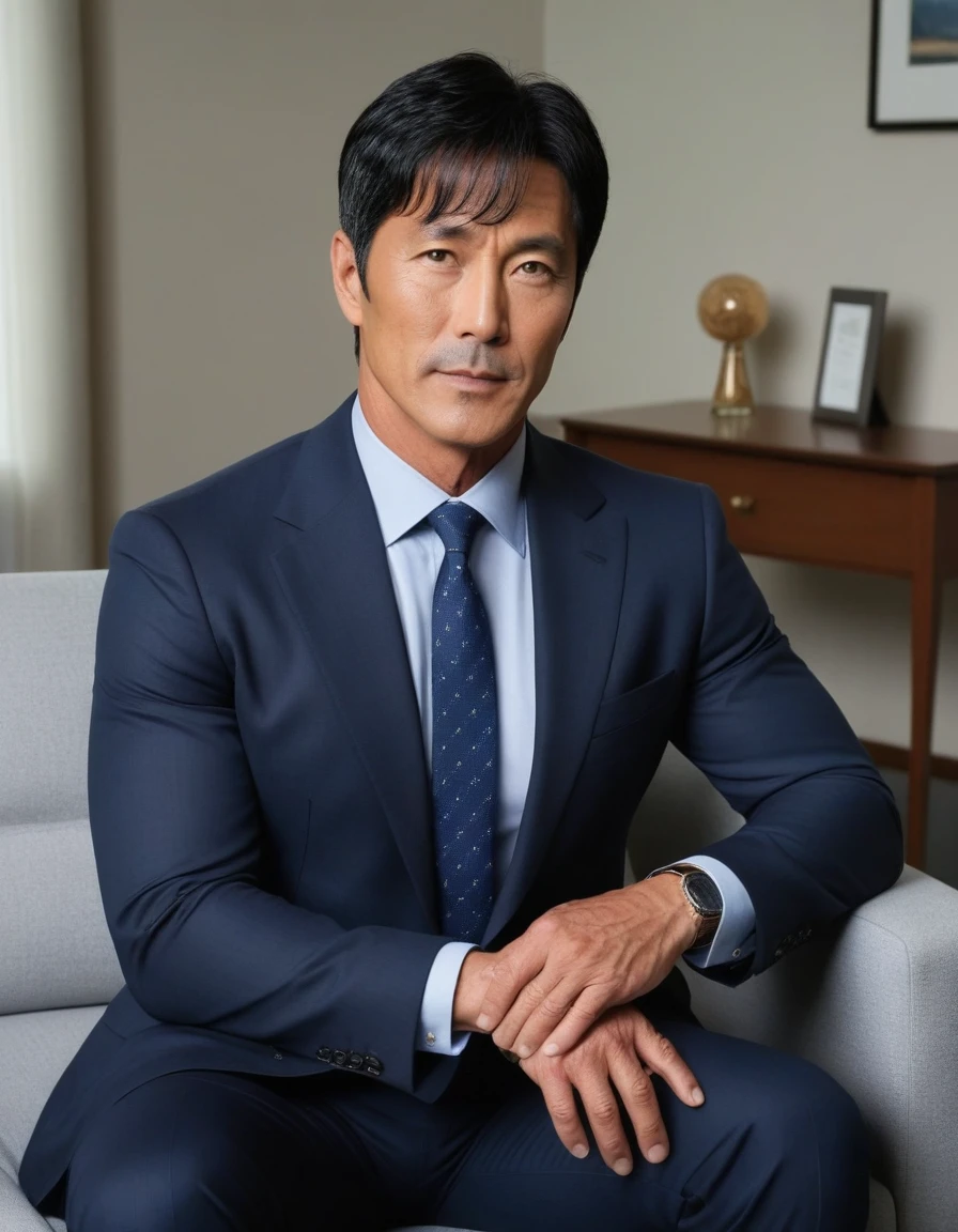 1man, japanese dilf, vice principal, 50yo, black hair, short hair, center parted bangs, handsome, smart ellipse face, middle-muscular, beautiful detailed eyes, dandy, gentle, ikemen, baby face, BREAK solo, business suit, sitting on sofa, wideshot, interview scene, principal's office, upperbody, 8k, sharp focus, extreme all detailed