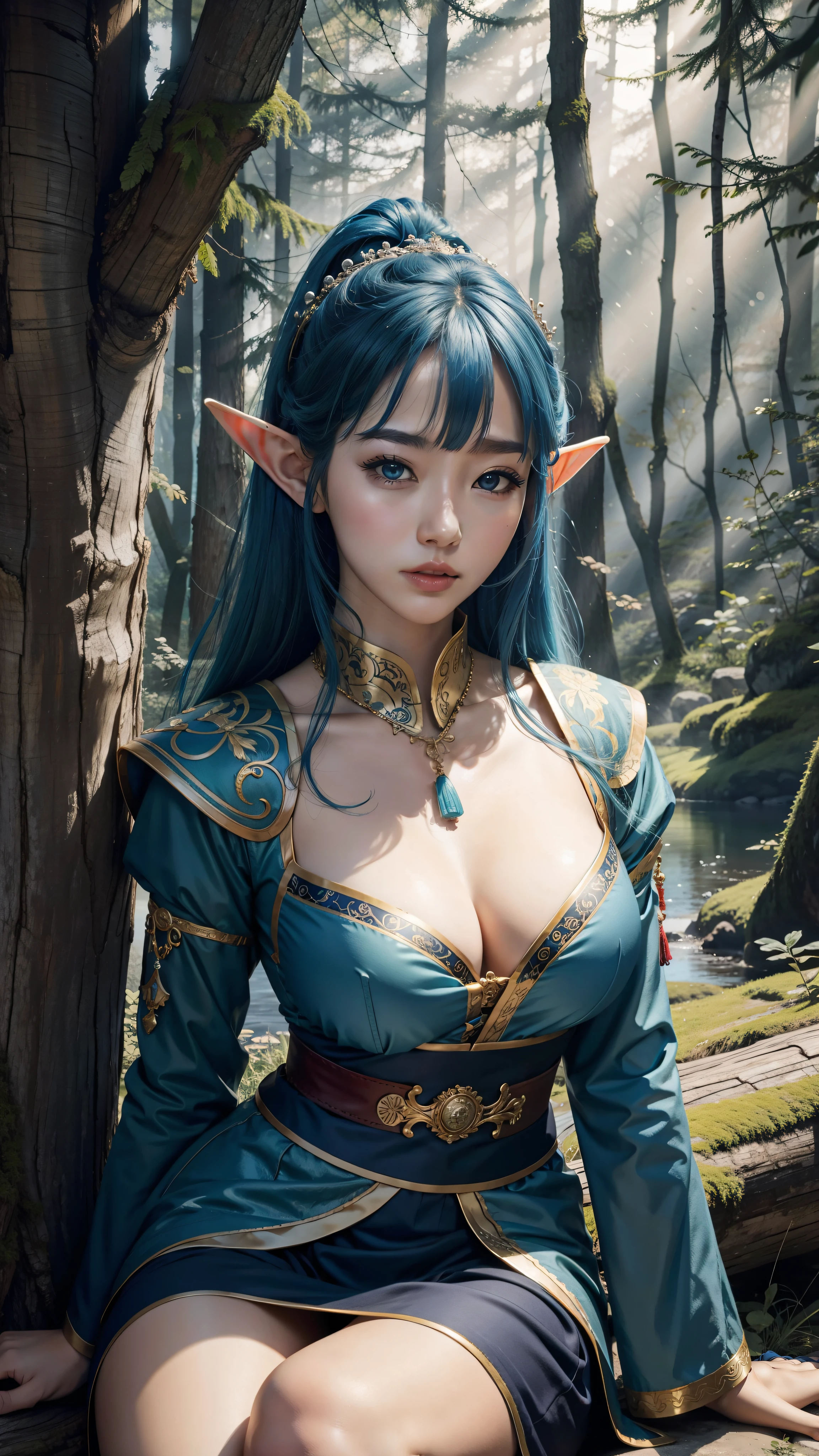 Korean, beautiful woman, elf, beautiful eyes, blue hair, sitting on a tree, bottom view, forest background, very detailed, high quality, 8k, very detailed, perfect face, perfect body, princess and warrior clothes.