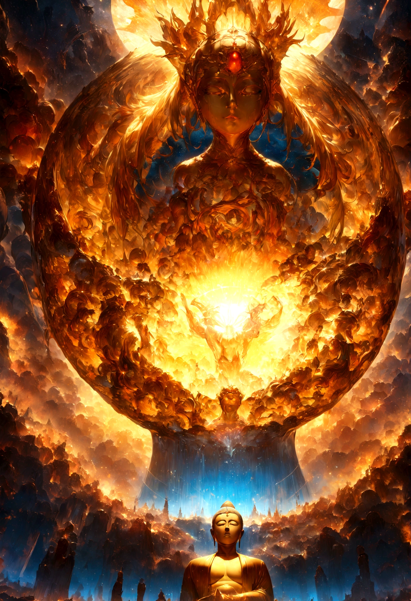 Interstellar,Endless space,The huge Maitreya Buddha statue rushes towards the huge time and space tunnel,A detailed portrait of a giant golden Buddha,Wearing the Sun God Halo,transparent,Depth of Field,((masterpiece)),(best quality)),Magnificent space image scenes,Surrealism, Super Detail, precise, best quality, Ultra HD, masterpiece, Anatomically correct, high resolution, 16K