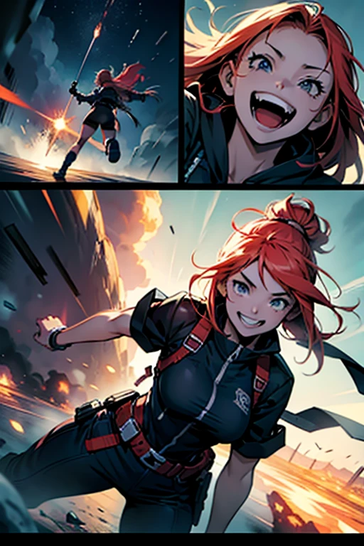 Insane girl thats smiling and laughing crazy, stopping the end of the world fighting, manga page with panels and dialogue