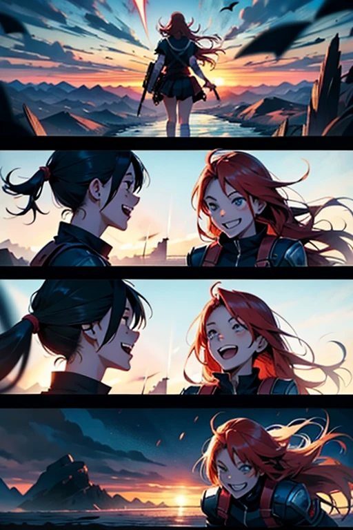 Insane girl thats smiling and laughing crazy, stopping the end of the world fighting, manga page with panels and dialogue 