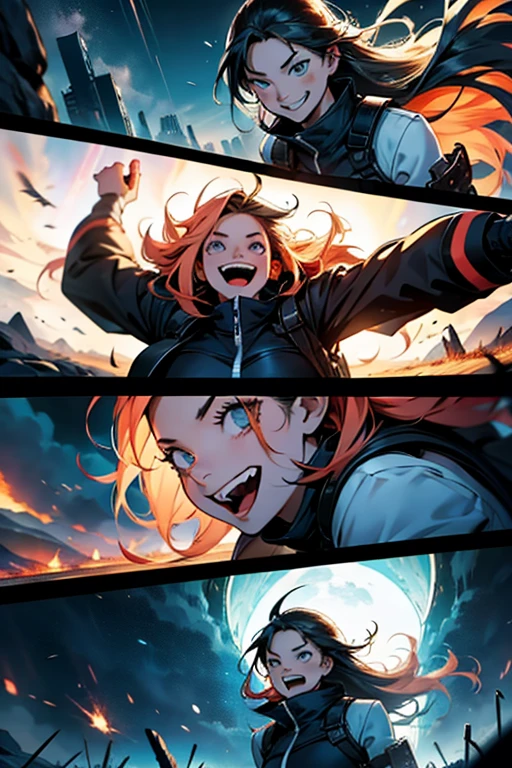 Insane girl thats smiling and laughing crazy, stopping the end of the world fighting, manga page with panels and dialogue 