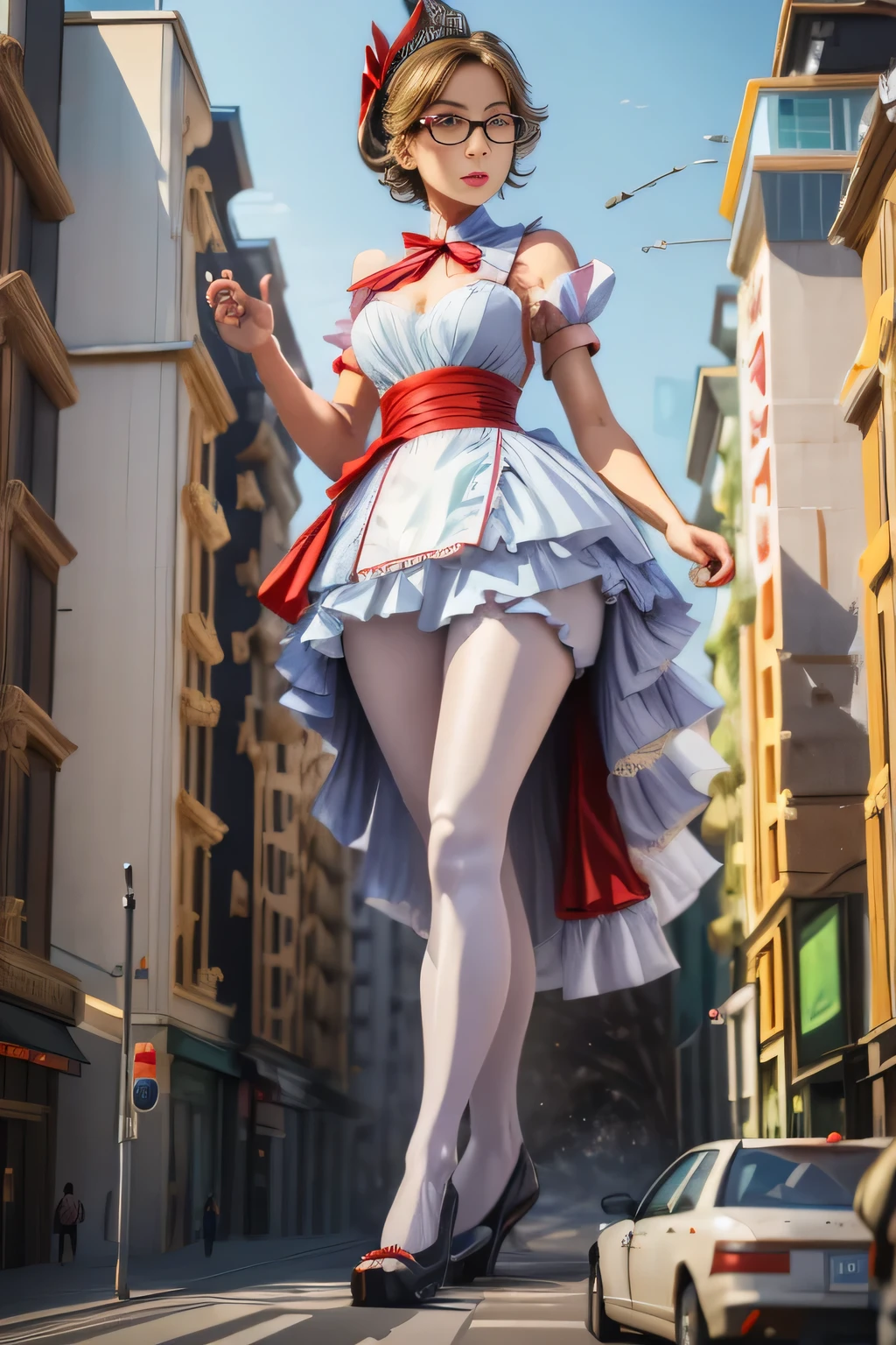 giantess art, highly detailed giantess shots, giantess, Two legs, Five fingers, short hair, super giant princess, A beautiful girl who is bigger than any skyscraper, Wearing rimless glasses, Big Breasts, White gorgeous dress, White Pantyhose, white pantyhose, White stiletto sandals, toes visible through pantyhose, Destroying cities, A very small big city, Miniature metropolis, Full body description, GTS, giga giantess, stomping city, crash city, tiny city, micro city, pantyhose feet, High resolution, highest quality, masterpiece, princess dress, 