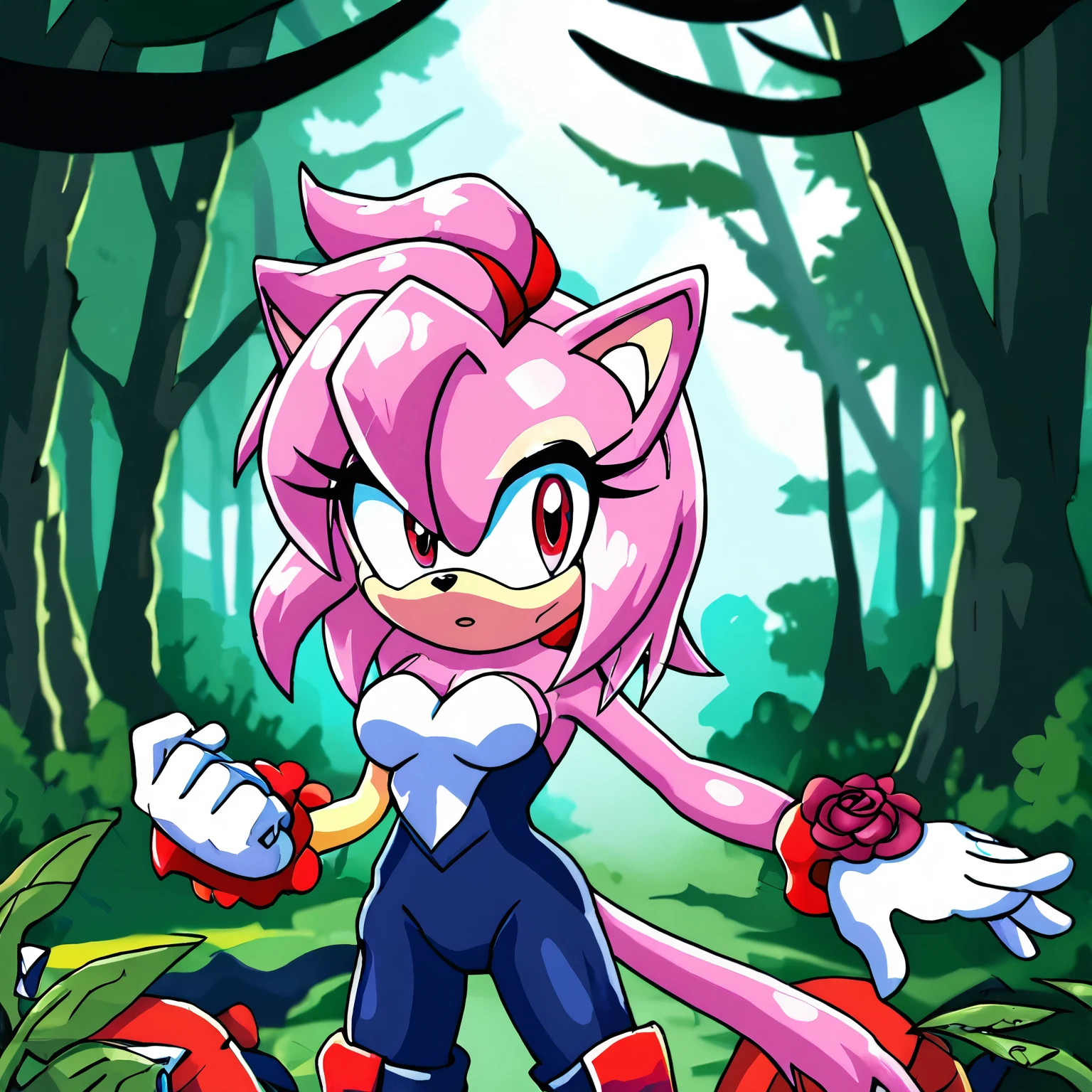 Female Hedgehog, Maria Rose, daughter of Amy and Shadow, (1girl), (solo), quills curved up similar to her father Shadow, side locks, red stripes on quills, body, red patches of fur around eyes, red eyes, 3 large hair bangs, white chest fur, medium breasts, eyelashes, stoic expression, forest, daytime, mobian, mobius city, short strapless jump suit
