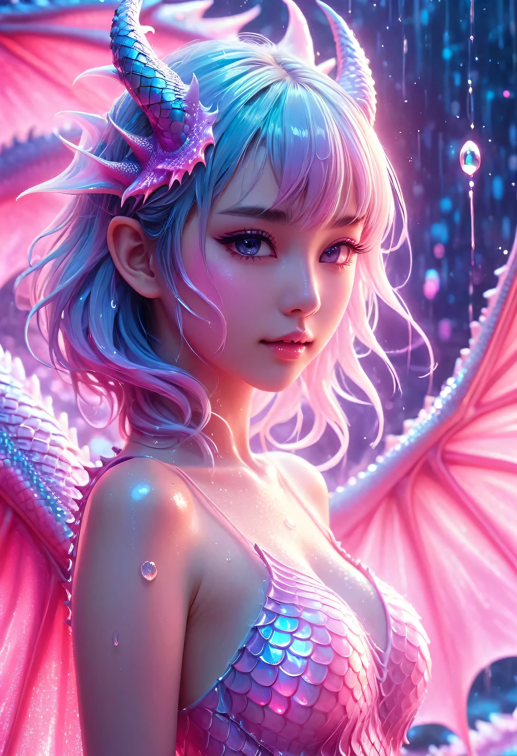 masterpiece, best quality, (Anime:1.4), pastel anime dragon girl, slime, wet look, shimmering lights, dragon in background, whirls of vapor, iridescent textures, dragon scales, dragon horns, dragon wings, translucent scales, soft neon pink light, ethereal ambiance, delicate details, magical atmosphere