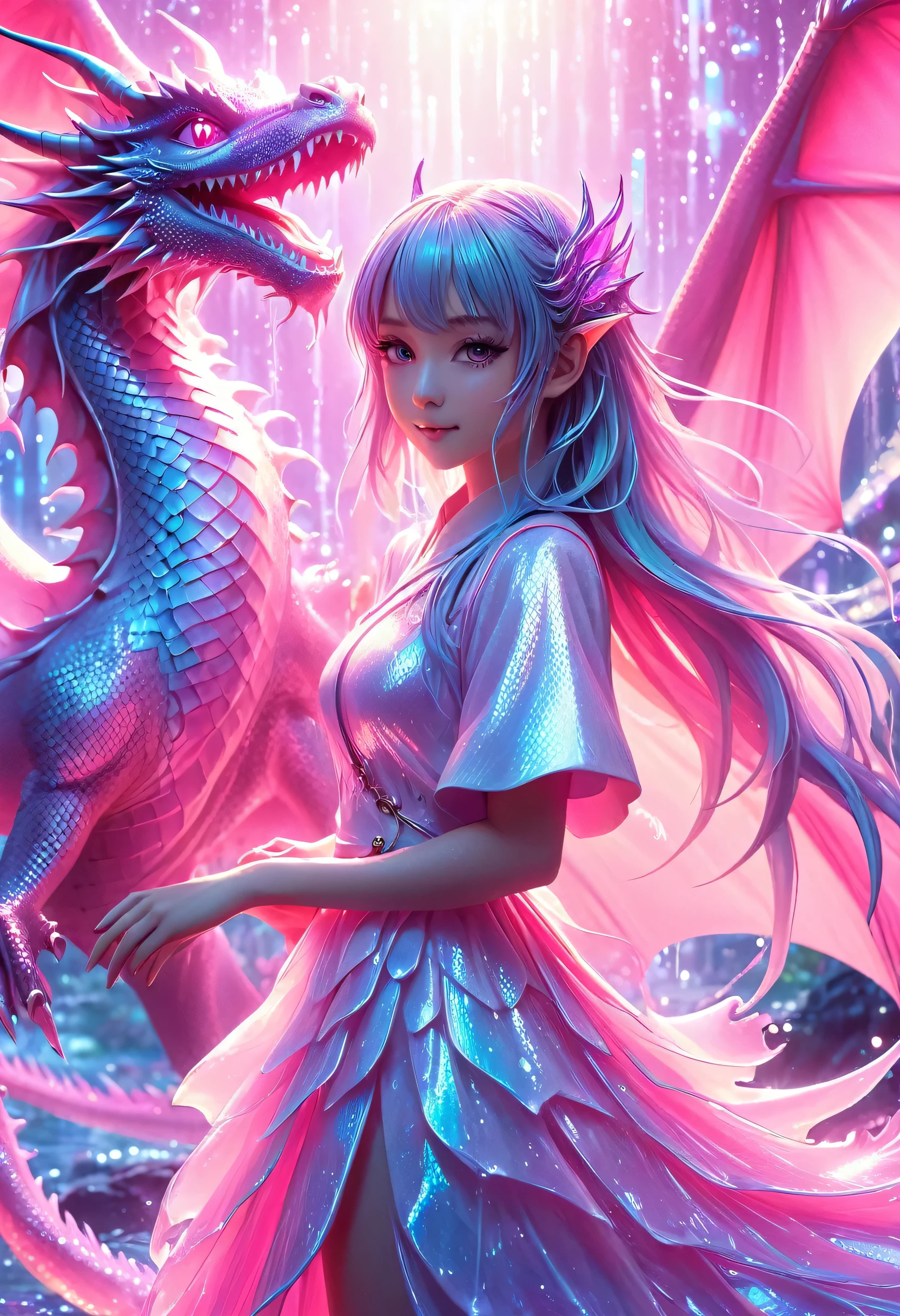 masterpiece, best quality, (Anime:1.4), pastel anime dragon girl, slime, wet look, shimmering lights, dragon in background, whirls of vapor, iridescent textures, dragon scales, dragon horns, dragon wings, translucent scales, soft neon pink light, ethereal ambiance, delicate details, magical atmosphere
