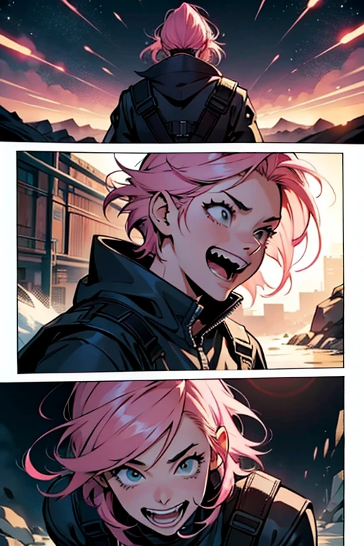 Insane girl with pink hair laughing thats stopping the end of the world fighting, manga page with panels and dialogue 