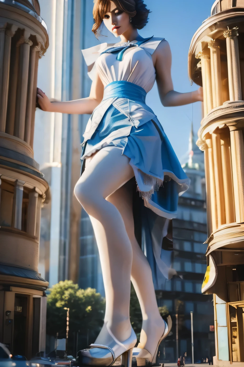 giantess art, highly detailed giantess shots, giantess, Two legs, Five fingers, short hair, super giant princess, A beautiful girl who is bigger than any skyscraper, Wearing rimless glasses, Big Breasts, White gorgeous dress, White Pantyhose, white pantyhose, White stiletto sandals, toes visible through pantyhose, Destroying cities, A very small big city, Miniature metropolis, Full body description, GTS, giga giantess, stomping city, crash city, tiny city, micro city, pantyhose feet, High resolution, highest quality, masterpiece, princess dress, 