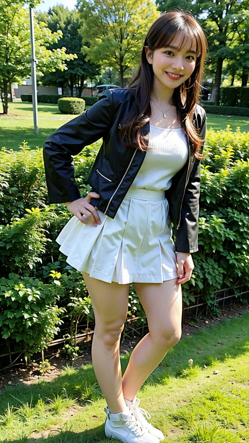 (8k、RAW Photos、highest quality、masterpiece:1.2)、(Realistic、Realistic)、1 girl、((Black jacket、suit、White Mini Skirt、Large Breasts、boots、whole body、garden、View from the front、looking at the camera、Standing with hands on hips))、