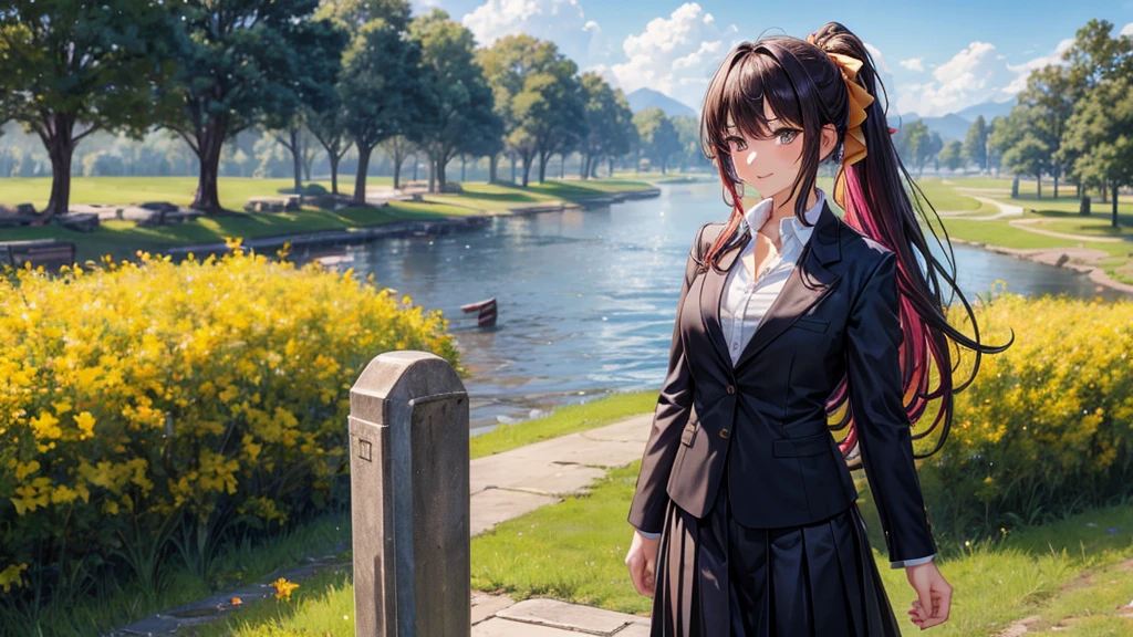 1girl, ((full body)), solo, summer, village, trees, sun, clouds, ((colorful hair)), long hair, curly hair, ponytail, large breasts, ((black blazer)), button down shirt, ((white shirt)), ((short sleeved shirt)), ((unbuttoned shirt)), unbuttoning buttons, cleavage 1:3, brown eyes, skirt, smile, looking at the viewer, standing, hair ribbon, golden necklate