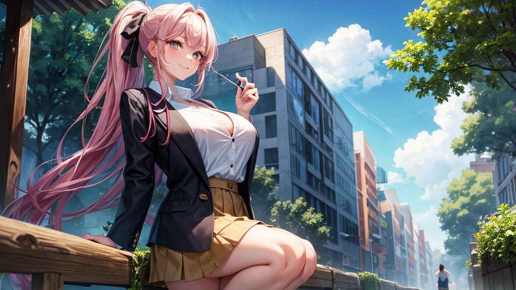 1girl, ((full body)), solo, summer, village, trees, sun, clouds, ((colorful hair)), long hair, curly hair, ponytail, large breasts, ((black blazer)), button down shirt, ((white shirt)), ((short sleeved shirt)), ((unbuttoned shirt)), unbuttoning buttons, cleavage 1:3, brown eyes, skirt, smile, looking at the viewer, standing, hair ribbon, golden necklate