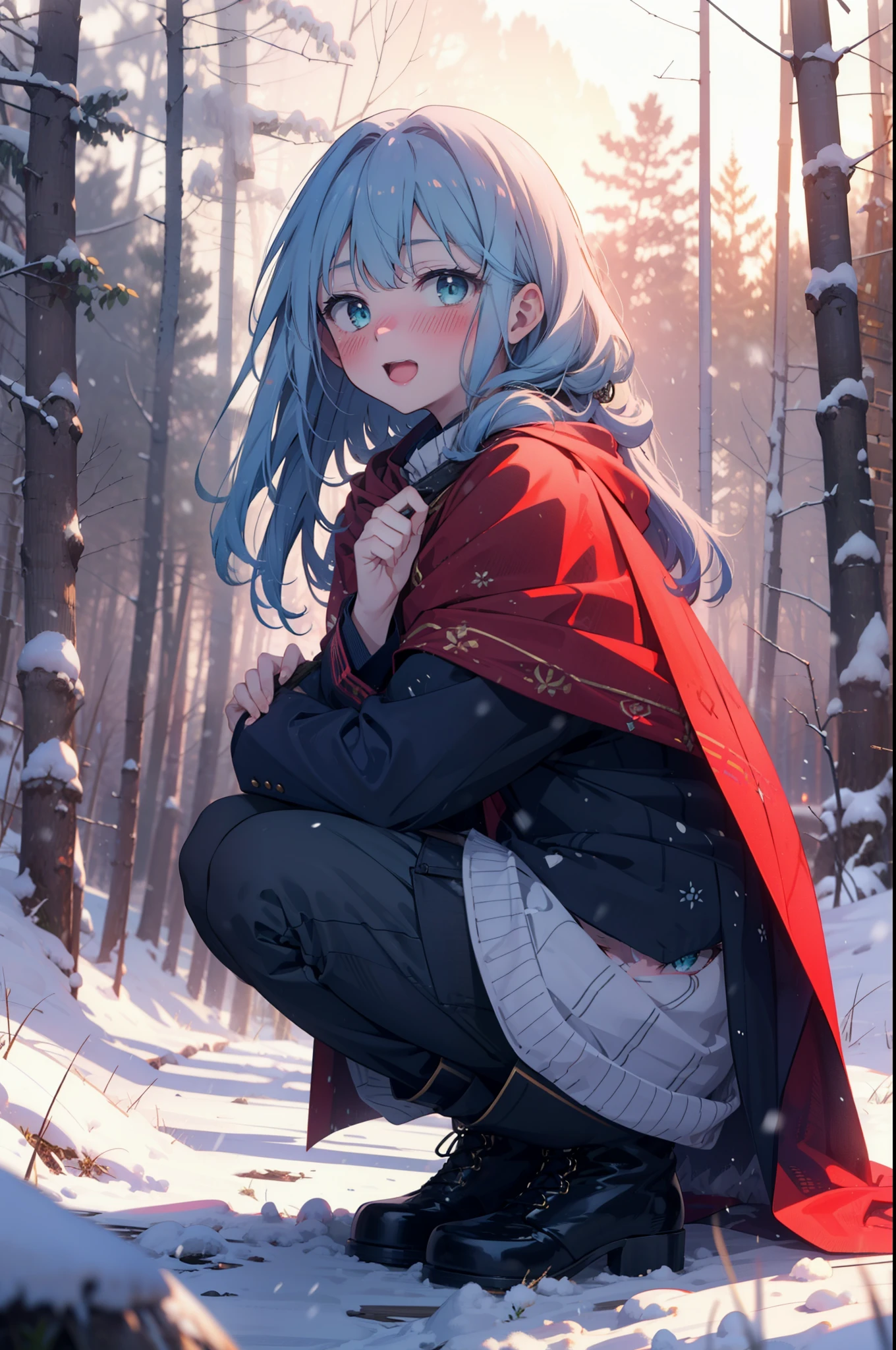 konosubaAqua, Aqua, Long Hair, blue eyes, hair ornaments, very Long Hair, Blue Hair, Hair Ring, シングルHair Ring, Hair ties,smile,smile,blush,White Breath,
Open your mouth,snow,Ground bonfire, Outdoor, boots, snowing, From the side, wood, suitcase, Cape, Blurred, , forest, White handbag, nature,  Squat, Mouth closed, Cape, winter, Written boundary depth, Black shoes, red Cape break looking at viewer, Upper Body, whole body, break Outdoor, forest, nature, break (masterpiece:1.2), highest quality, High resolution, unity 8k wallpaper, (shape:0.8), (Beautiful and beautiful eyes:1.6), Highly detailed face, Perfect lighting, Highly detailed CG, (Perfect hands, Perfect Anatomy),