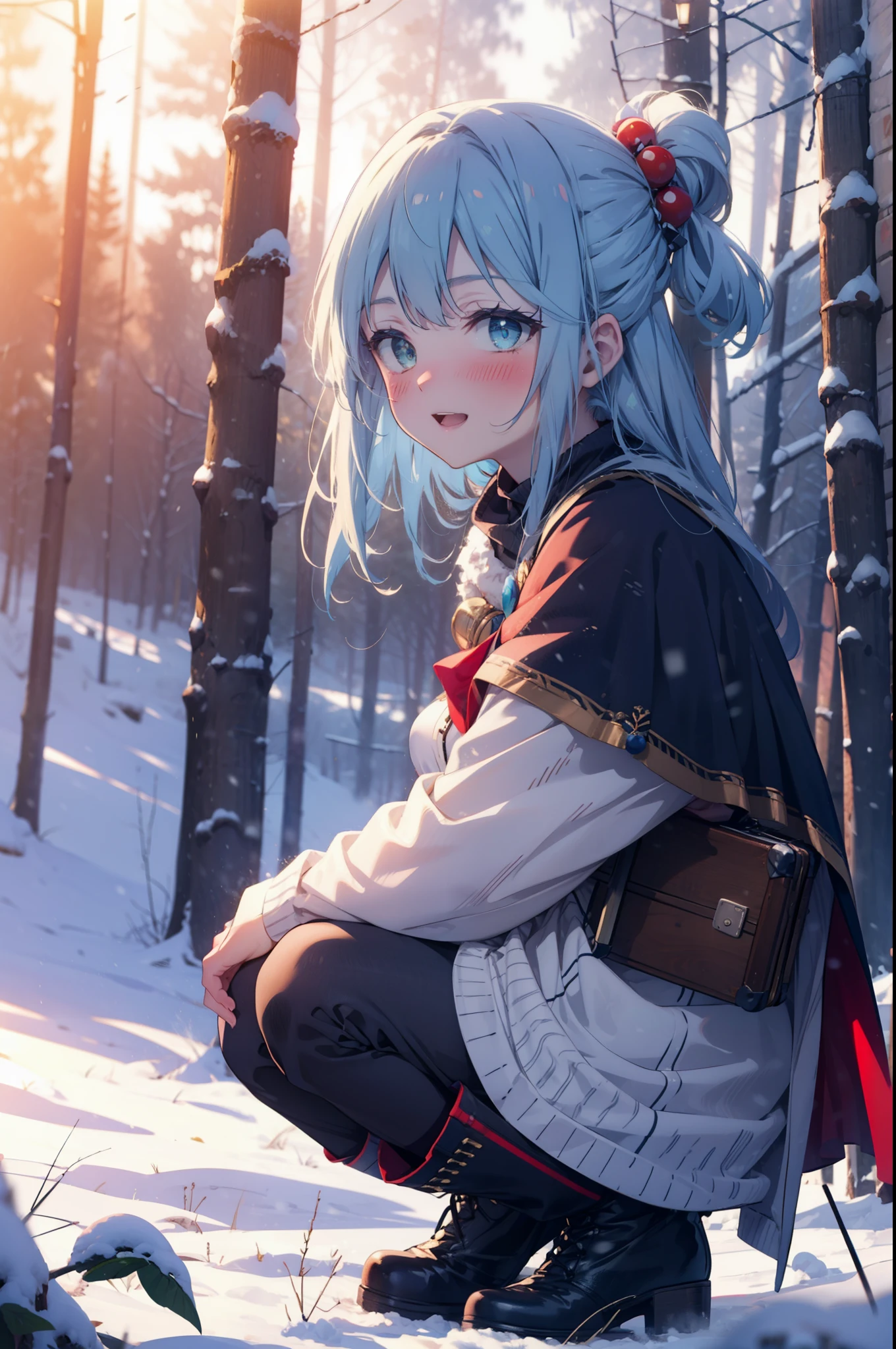 konosubaAqua, Aqua, Long Hair, blue eyes, hair ornaments, very Long Hair, Blue Hair, Hair Ring, シングルHair Ring, Hair ties,smile,smile,blush,White Breath,
Open your mouth,snow,Ground bonfire, Outdoor, boots, snowing, From the side, wood, suitcase, Cape, Blurred, , forest, White handbag, nature,  Squat, Mouth closed, Cape, winter, Written boundary depth, Black shoes, red Cape break looking at viewer, Upper Body, whole body, break Outdoor, forest, nature, break (masterpiece:1.2), highest quality, High resolution, unity 8k wallpaper, (shape:0.8), (Beautiful and beautiful eyes:1.6), Highly detailed face, Perfect lighting, Highly detailed CG, (Perfect hands, Perfect Anatomy),