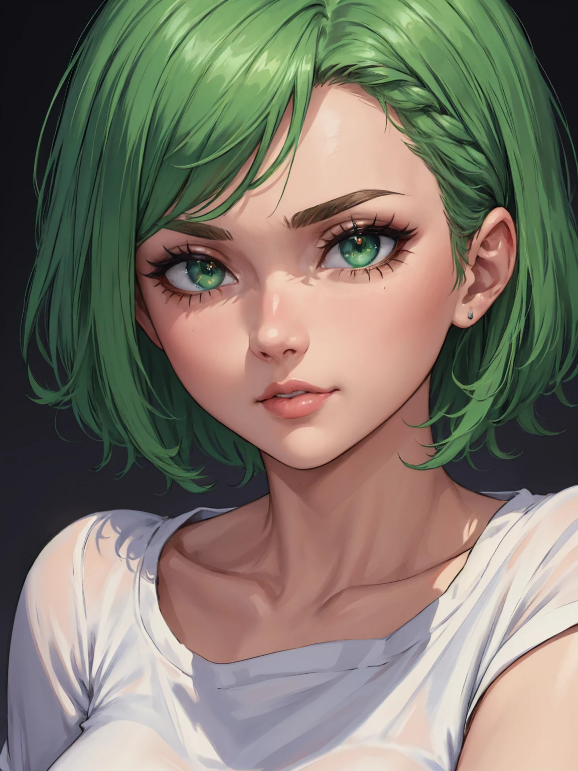 masterpiece, UHD, 4k, highres, ultra highres, hd, best quality, anime screencap, lineart, portrait, face shot, (close up on face), very close up on face, ((1girl)), :), green eyes, green hair, short hair, eyelashes, detailed eyes, bright pupils, sparkling eyes, brows, lips, white t-shirt, ((simple background)), (((white background))),