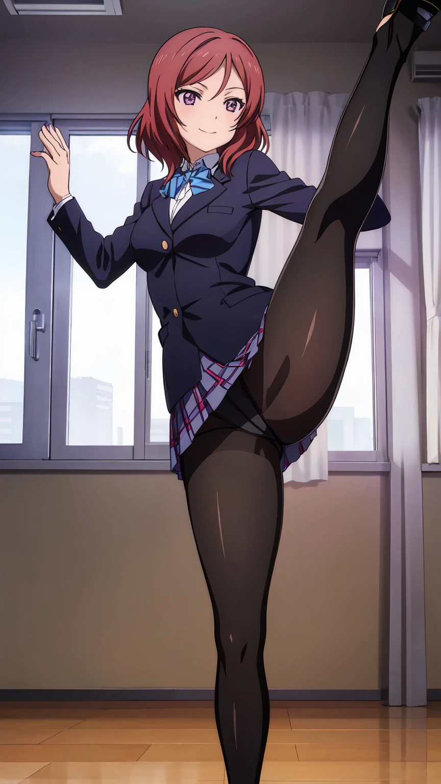 Maki Nishikino、One Girl, Five Fingers, mini skirt, Looking down at the viewer, highest quality, Focus on the thighs, Dynamic pose, smile, blazer, blouse, Black Pantyhose, panties under pantyhose, Standing Split, classroom, Black Hair, Stylish pose,Thick thighs、My crotch is steaming 、Spread your legs