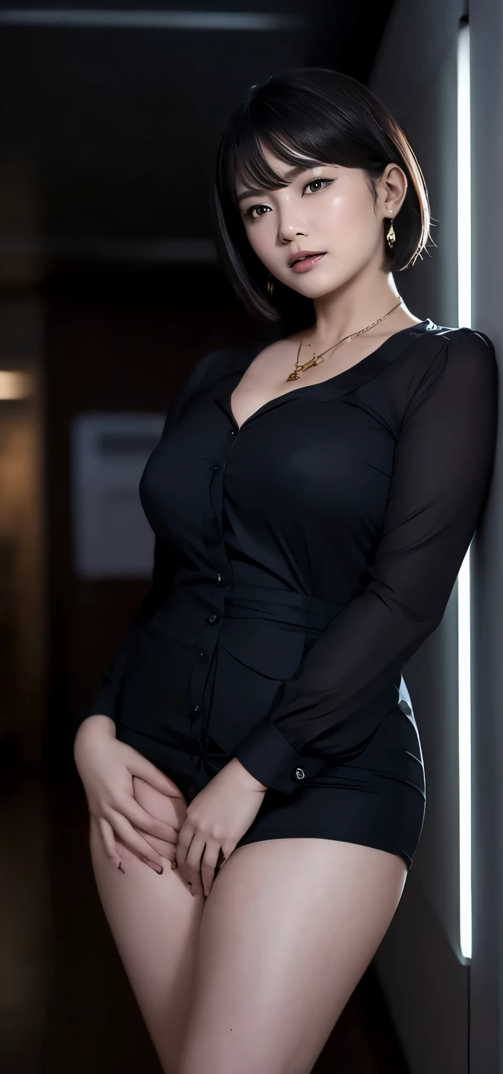 a receptionist, (in the dark, in the dim office), ((round face, standing and showing off masturbation, pubic hair)), (wide spread legs), blouse, id card, blouse, floor, ceiling, earrings, short hair, necklace,