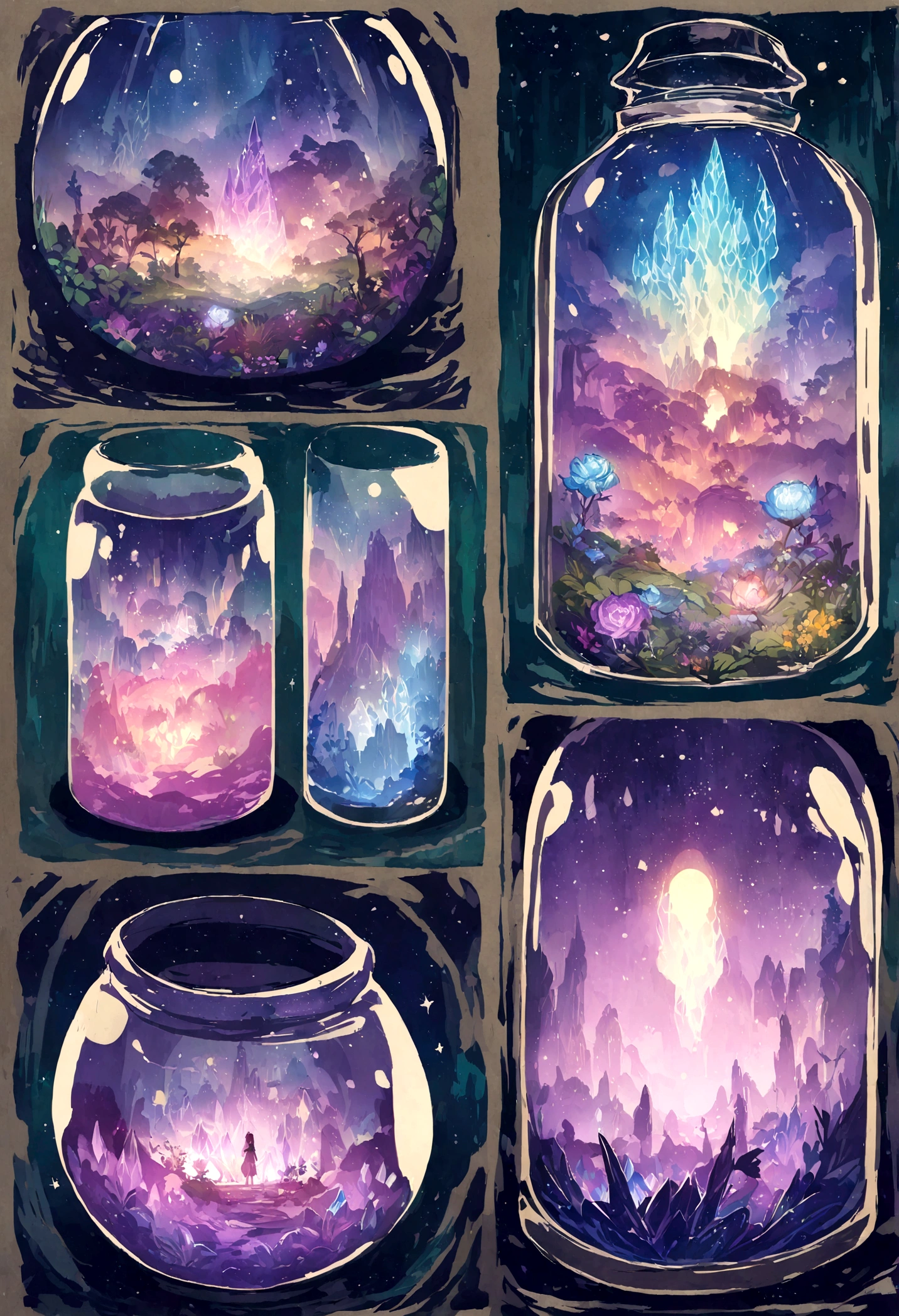 purple and blue floral design on a clear glass container, graphic of enchanted terrarium, mythical floral hills, concept art magical highlight, fantasy sticker illustration, dreamscape in a jar, magical glow, ✨🕌🌙, omori, crystal forest, magically glowing, wonderland portal, jelly glow, moonlit starry sky environment, magical background, soft airbrushed artwork.