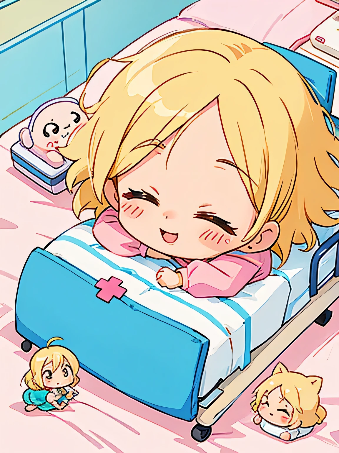 Akira Toriyama style, Kawaii Design, The most beautiful girl of all time、Chibi, best smile, Taking a nap、hospital bed