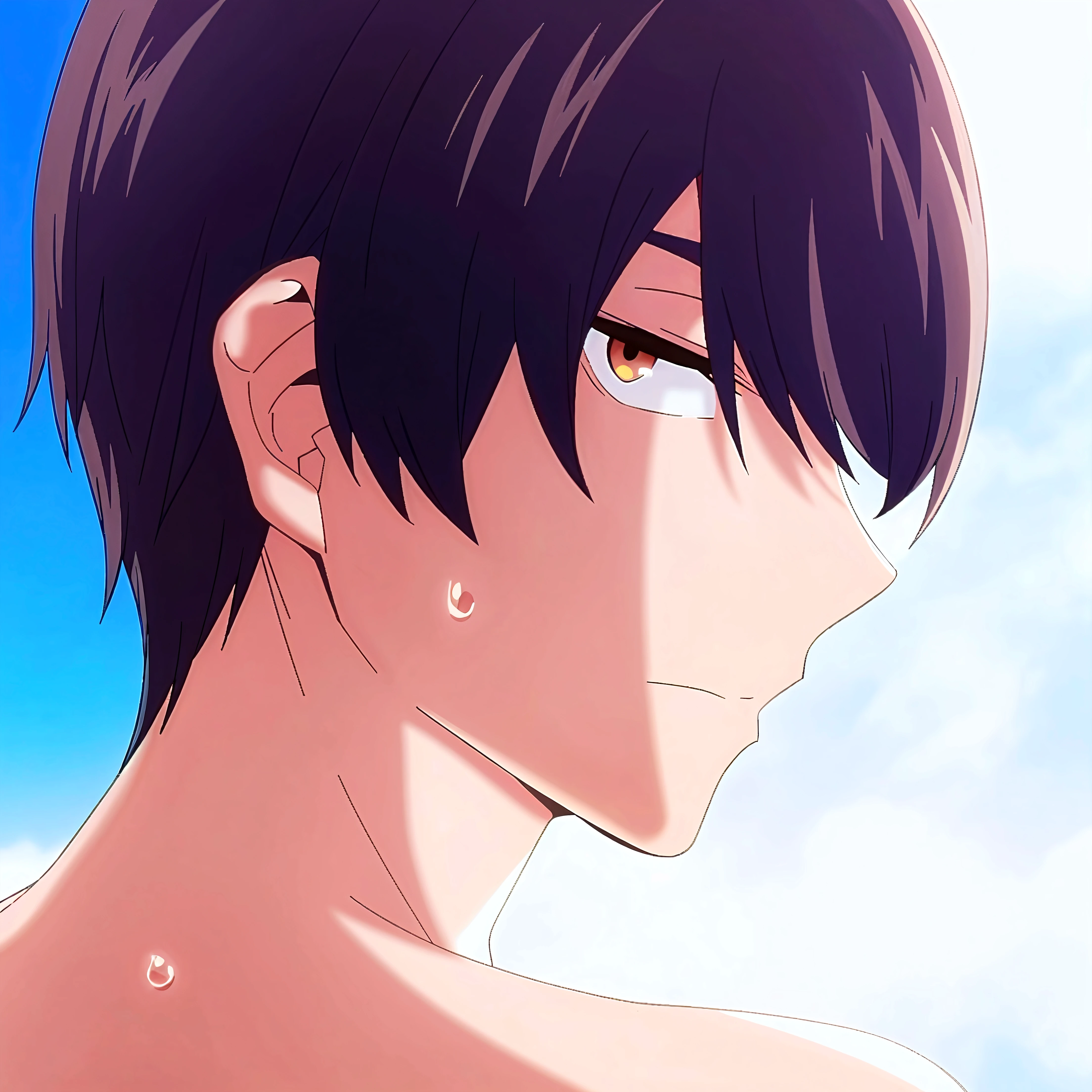 hentai, boy with black hair looking up without clothes, Body cute, with a penis in the mouth cumming