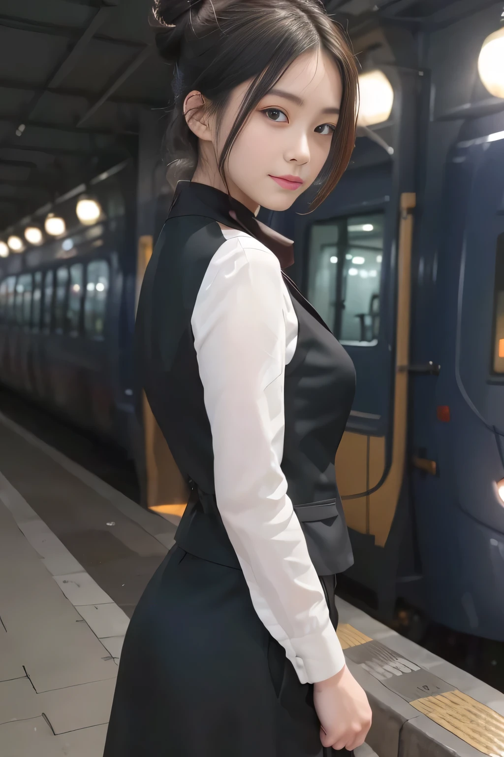 (masterpiece:1.2, highest quality:1.2), 32K HDR, High resolution, (alone、1 girl)、（At the station platform in the afternoon、Professional Lighting）、Background of an empty station platform、（Nankai Train crew uniformを着たリアルスタイル）、（Green vest、A long-sleeved collarless blouse、Scarf around the neck、black culotte skirt）、Dark brown hair、（Hair tied up、Hair Bun、Hair Bun）、Dark brown hair、Long Shot、Big Breasts、Thin legs、（（Great hands：2.0）），（（Harmonious body proportions：1.5）），（（Normal limbs：2.0）），（（Normal finger：2.0）），（（Delicate eyes：2.0）），（（Normal eyes：2.0））)、smile、Beautiful back view,Place your hands around your stomach