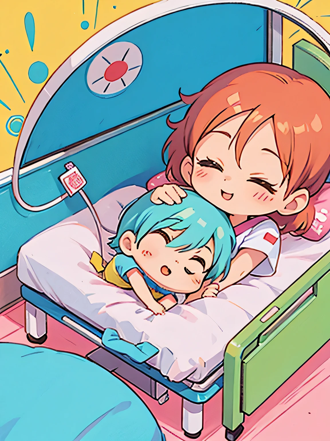 Akira Toriyama style, Kawaii Design, The most beautiful girl of all time、Chibi, best smile, Taking a nap、hospital bed