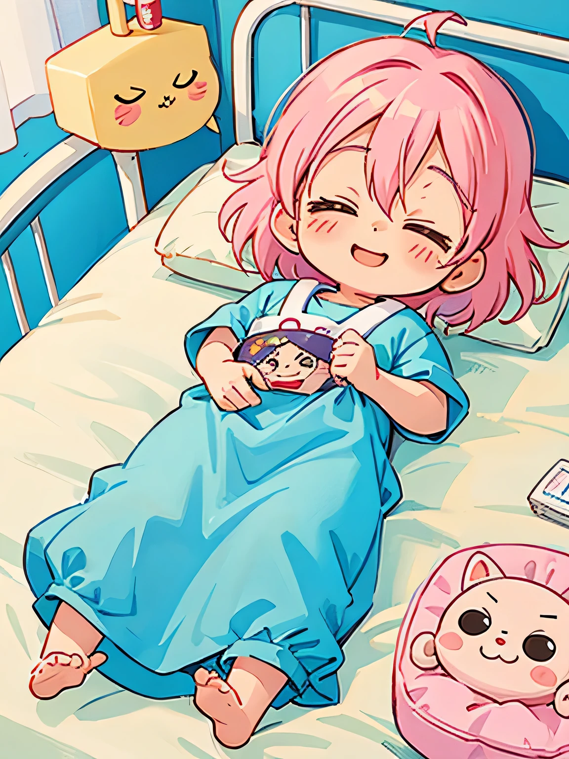 Akira Toriyama style, Kawaii Design, The most beautiful girl of all time、Chibi, best smile, Taking a nap、hospital bed