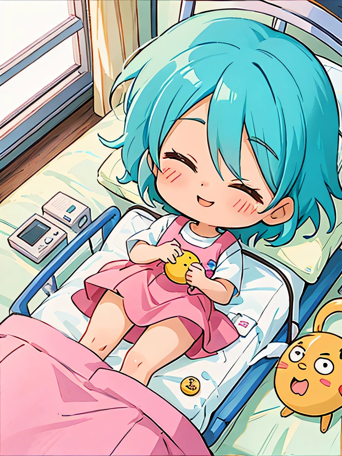 Hayao Miyazaki style、Kawaii Design, The most beautiful girl of all time, chibi, パインアップル, hospital bed, 