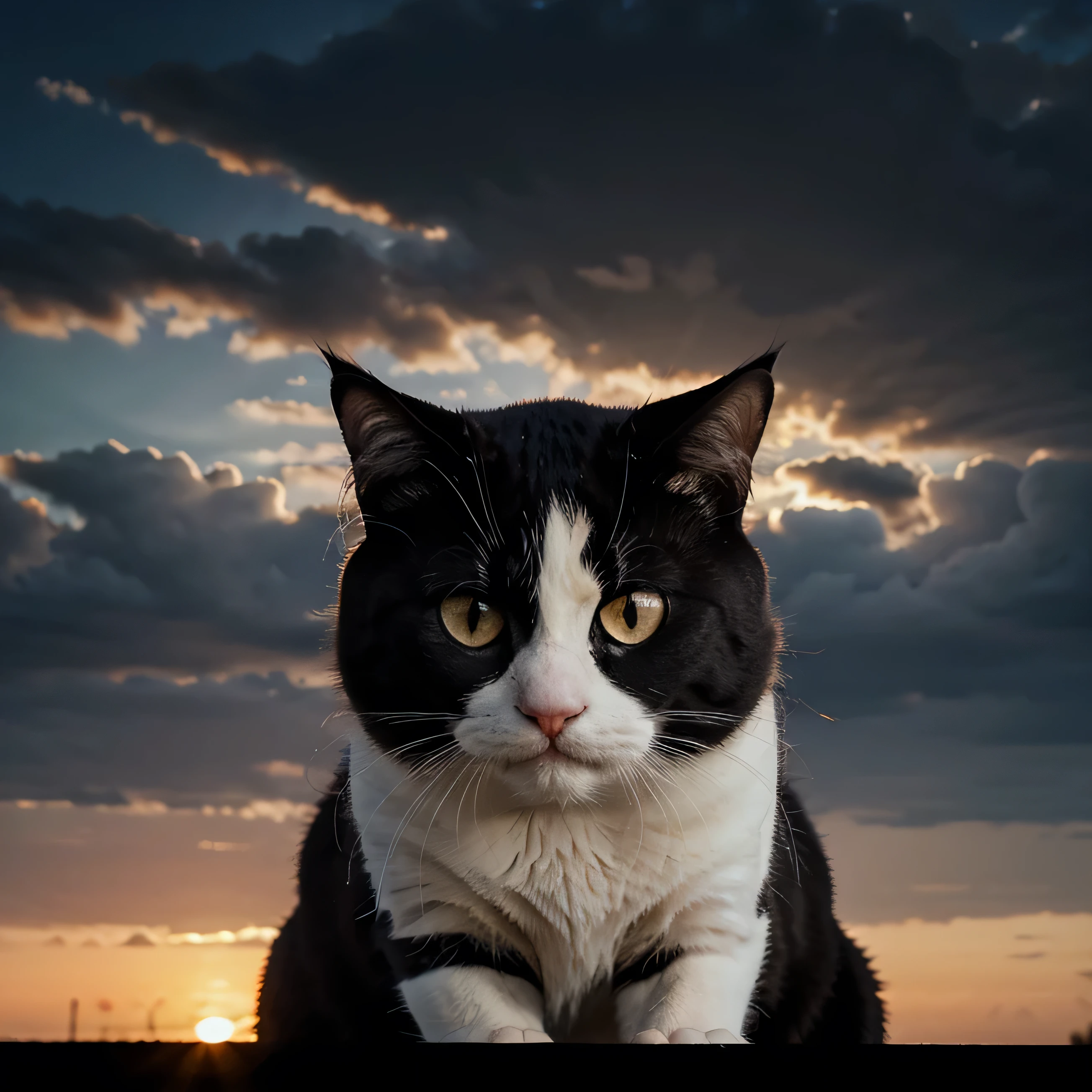 black and white angry cat with sunrise background vector