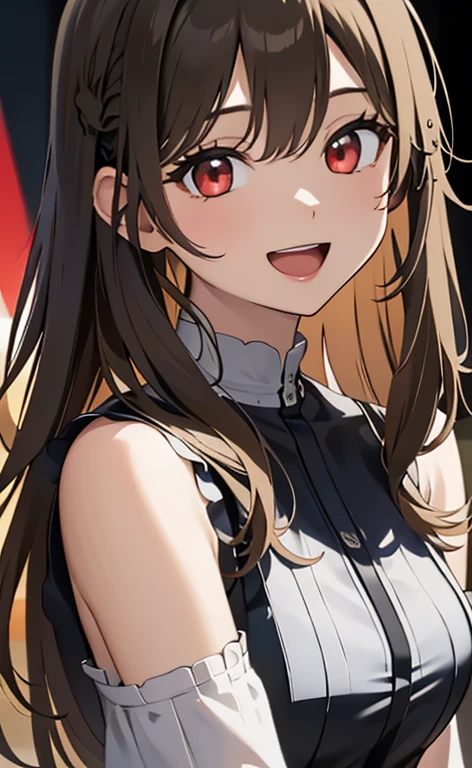 (Photorealistic:1.4)、(asuna,20-year-old:1.5),(masterpiece、lens flare:1.5、spot light:1.2、Exquisite beautiful eye:1.5,portlate),(kind eyes、tareme:1.2),(Demure:1.2)
、Cute Face、 3D Face、(light brown hair:1.5)、(straight hair sidelock:1.3),(1 woman)、(Red eyes:1.2)、(upper body:1.5))、(Open mouth happy smile:1.5)、(head tilt) ,(Cute face:1.2),(flat chest),(),kind face,(white red gothic lolita neck holder dress),(black background:1.5)、(glowing eyes:1.3)、()、 Neat and clean、Adorable、Slim Body(),Shiny Hair、()、Nijisketch,Manga,beautifuljapanesewoman
