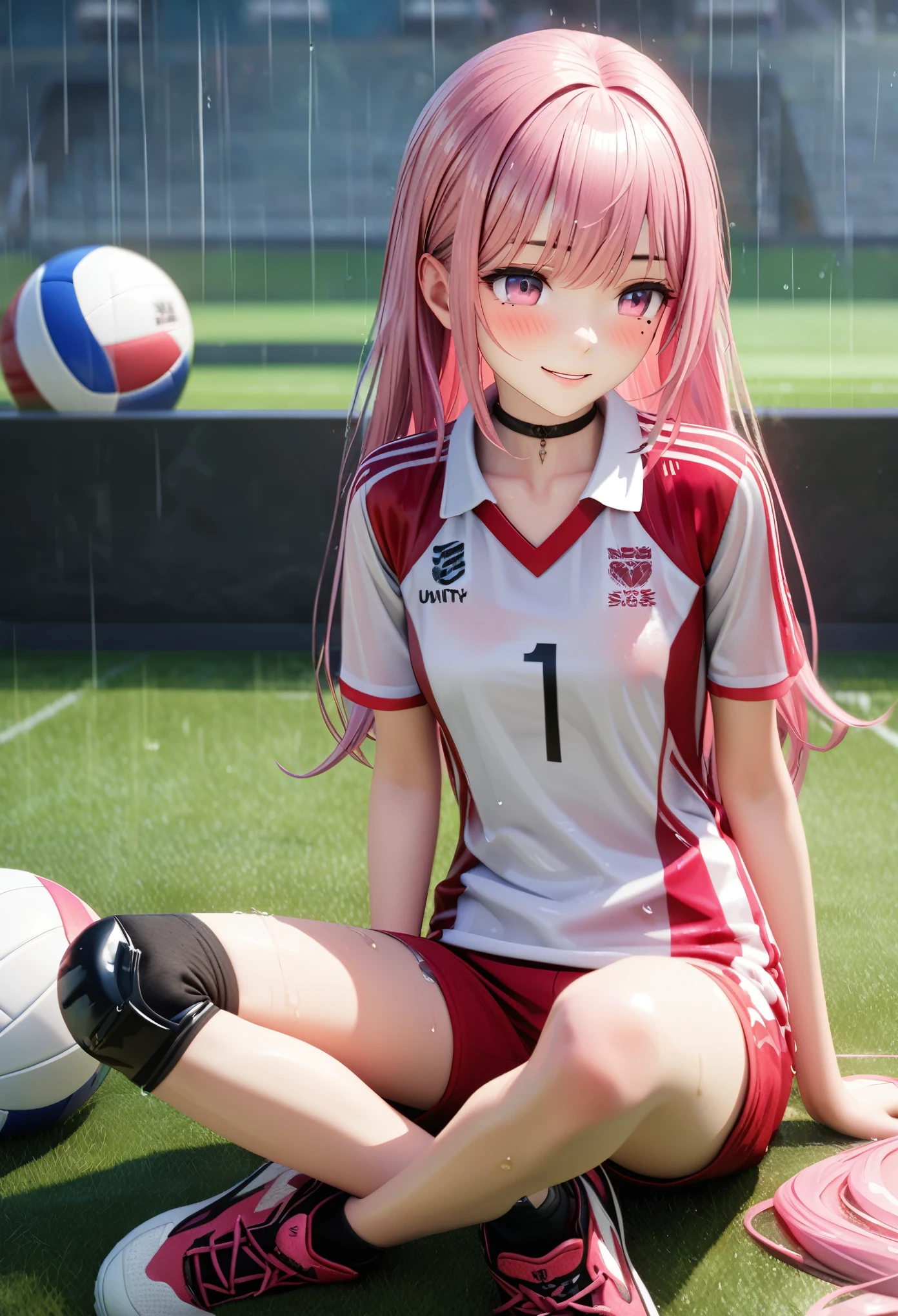 masterpiece, best quality, highly detailed, high resolution, expensive solution, high resolution, 4k, 8k, Unity 8k wallpaper, highly detailed CG, masterpiece, 2d, 3d, beautiful details, depth, fine texture, best quality: 1.3, total concentration, transparent skin, him, very cute anime girl, expensive pink long hair, one girl, volleyball uniform, knee pads on knees, volleyball shoes, on the grass in the schoolyard, it was raining heavily and she was soaking wet. The volleyball uniform was see-through, her hair was soaking wet, smiling long pink hair, full body, on the grass in the schoolyard, heavy rain, mole under eye, gaze, expensive, blush, lips parted, heart, pink eyes, choker