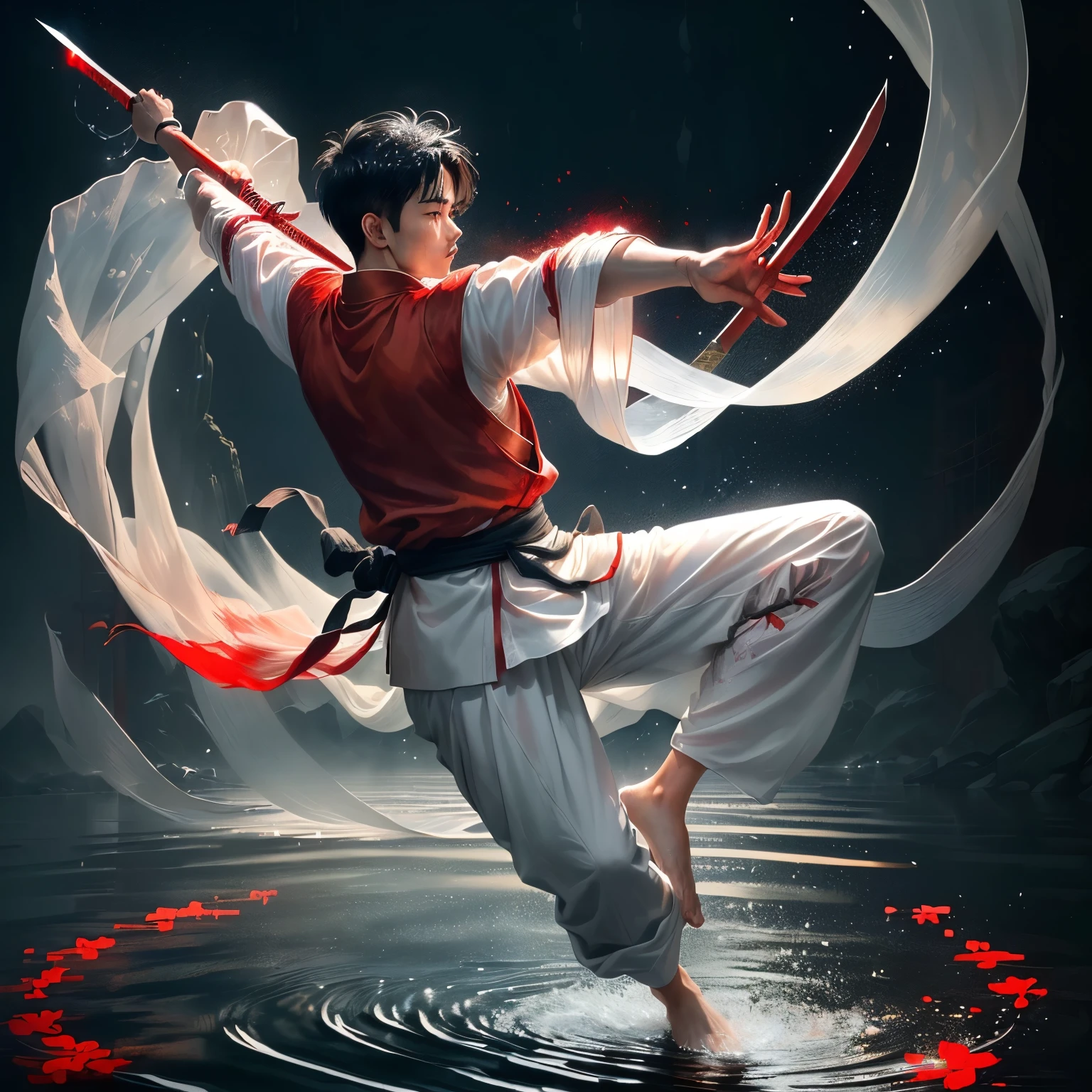 Martial Arts, ((1 Boy)), Solitary, Simple background, Jump with arms stretched out(Red Hanfu:1.4)(Chinese Sword, Holding a sword:1.2) Expressive style, Chinese Martial Arts arts war scenes, Chinese ink painting style, Martial Arts arts style, Long sleeves with delicate face, Chinese clothes, (Luminescence:1.4), splash, Fighting Stance,, Chinese calligraphy, Ink Painting, figure, calligraphy figure, Text Background(whole body:1.2), (Real water realistic water flowing water:1.1)ripple