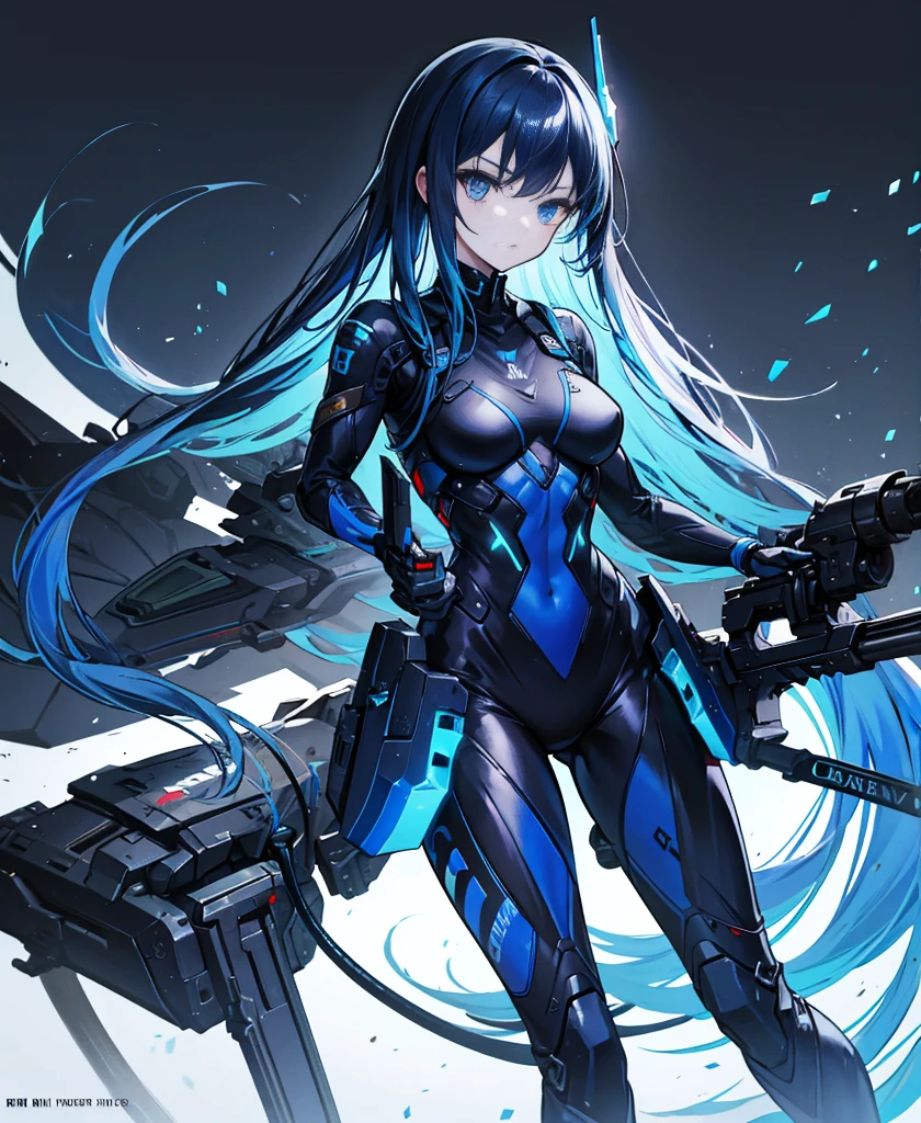 no background，girl，carry a firearm，Enamel-like tight suit，use of firearms，dark blue long hair，attention arousal，blue colored eyes,no gradation