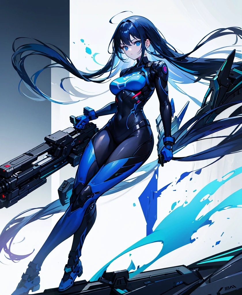 no background，girl，carry a firearm，Enamel-like tight suit，use of firearms，dark blue long hair，attention arousal，blue colored eyes,no gradation