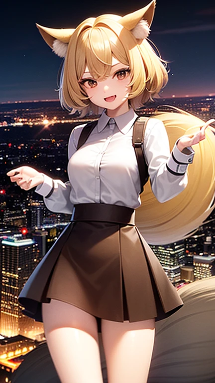 20th television 2008, blonde hair, brown eyes, short products hair, mole, fang, crossed bangs, fox tail, fox ears, brown highlight, , brown skirt, white shirt, long sleeves, brown gloves, holding, searchlight beam, cityscape, hollywood, sky, cloud, anime waifu style
