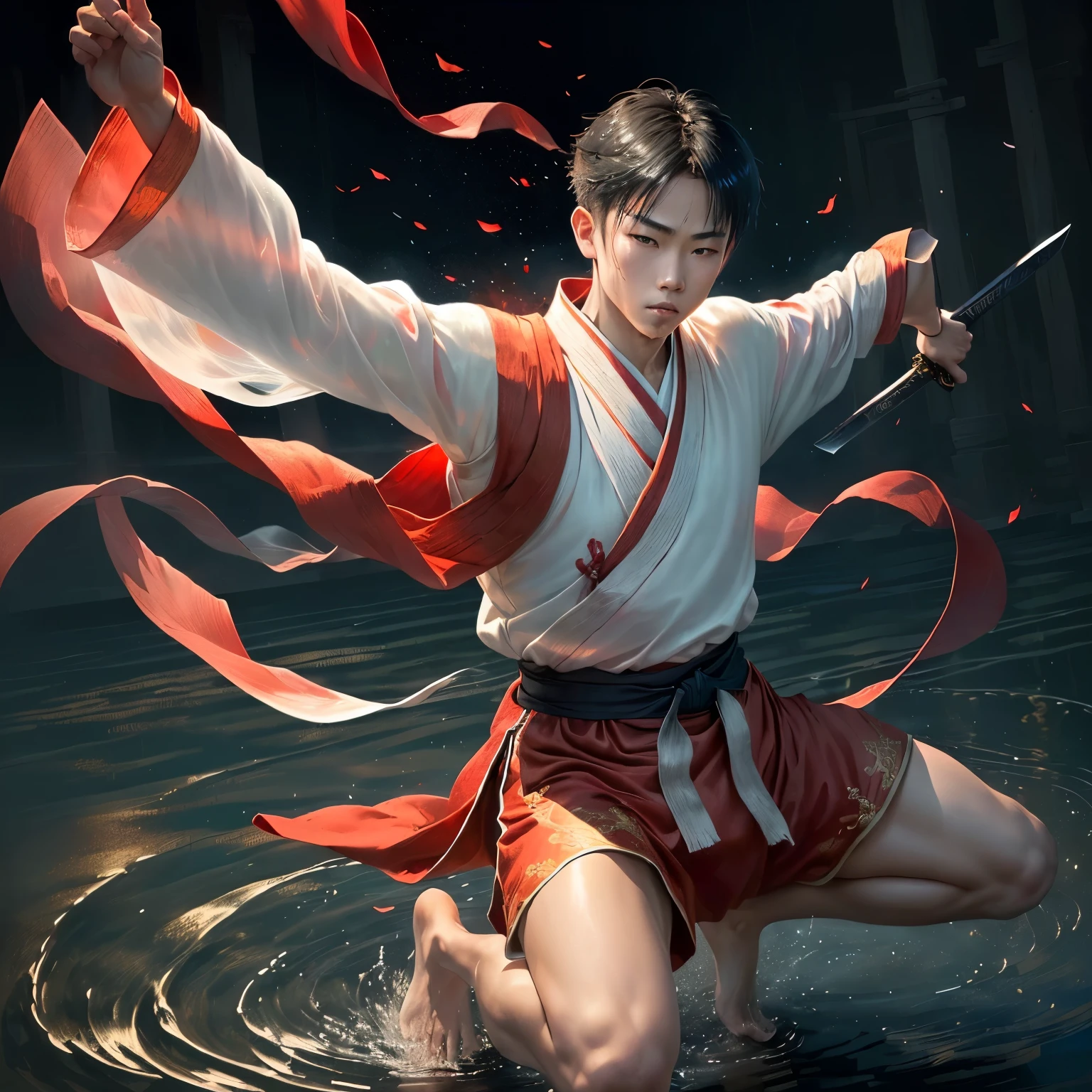 Martial Arts, ((1 Boy)), Solitary, Simple background, Jump with arms stretched out(Red Hanfu:1.4)(Chinese Sword, Holding a sword:1.2) Expressive style, Chinese Martial Arts arts war scenes, Chinese ink painting style, Martial Arts arts style, Long sleeves with delicate face, Chinese clothes, (Luminescence:1.4), splash, Fighting Stance,, Chinese calligraphy, Ink Painting, figure, calligraphy figure, Text Background(whole body:1.2), (Real water realistic water flowing water:1.1)ripple