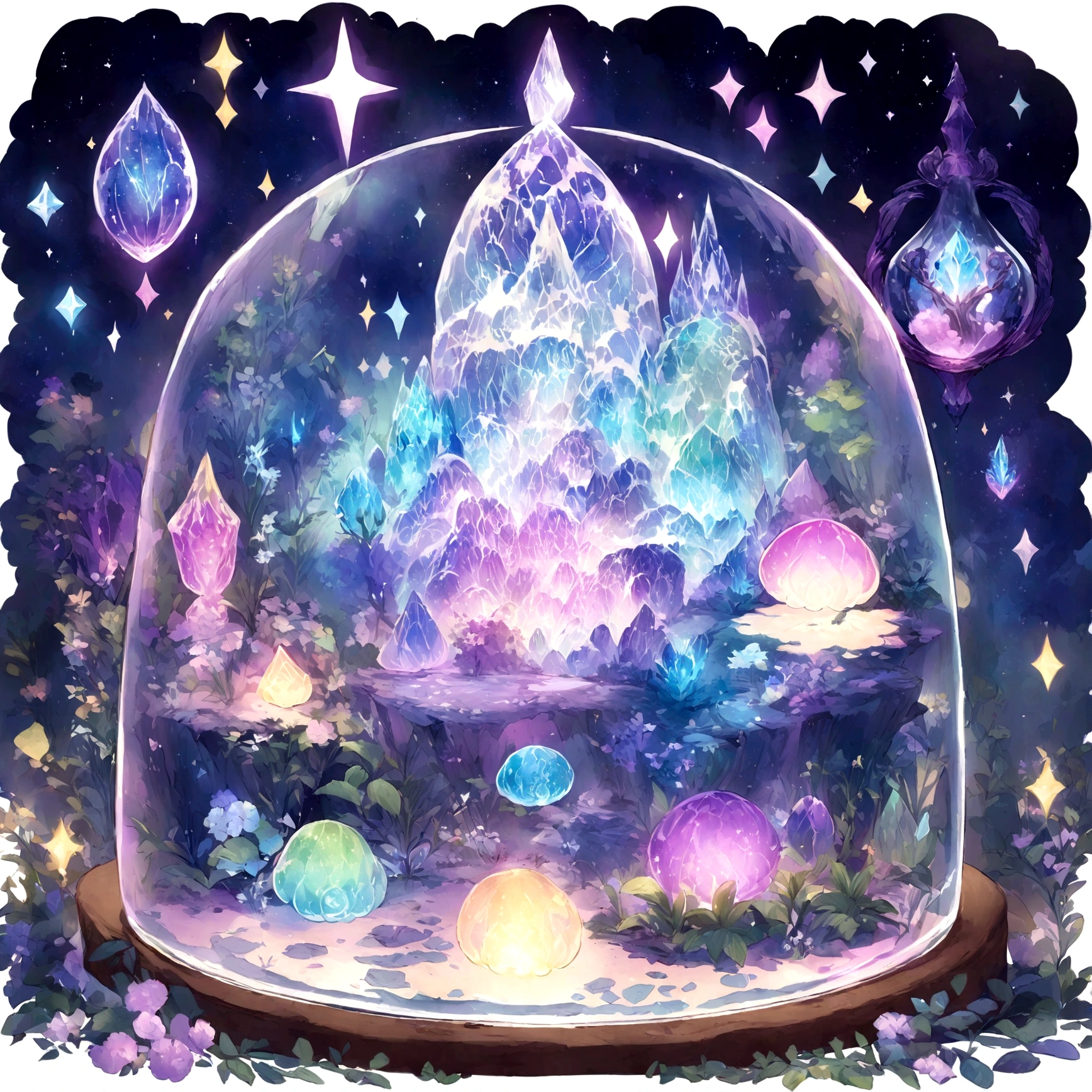 purple and blue floral design on a clear glass container, graphic of enchanted terrarium, mythical floral hills, concept art magical highlight, fantasy sticker illustration, dreamscape in a jar, magical glow, ✨🕌🌙, omori, crystal forest, magically glowing, wonderland portal, jelly glow, moonlit starry sky environment, magical background, soft airbrushed artwork.