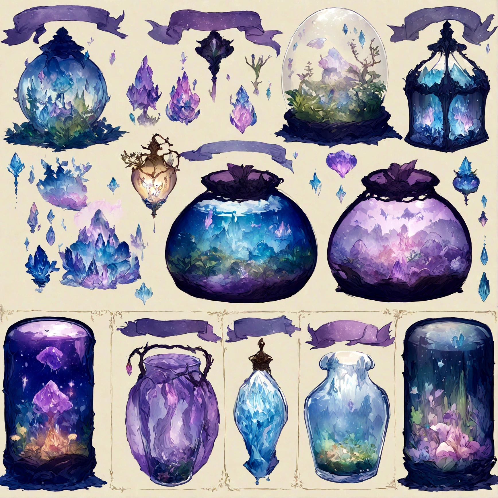 purple and blue floral design on a clear glass container, graphic of enchanted terrarium, mythical floral hills, concept art magical highlight, fantasy sticker illustration, dreamscape in a jar, magical glow, ✨🕌🌙, omori, crystal forest, magically glowing, wonderland portal, jelly glow, moonlit starry sky environment, magical background, soft airbrushed artwork.