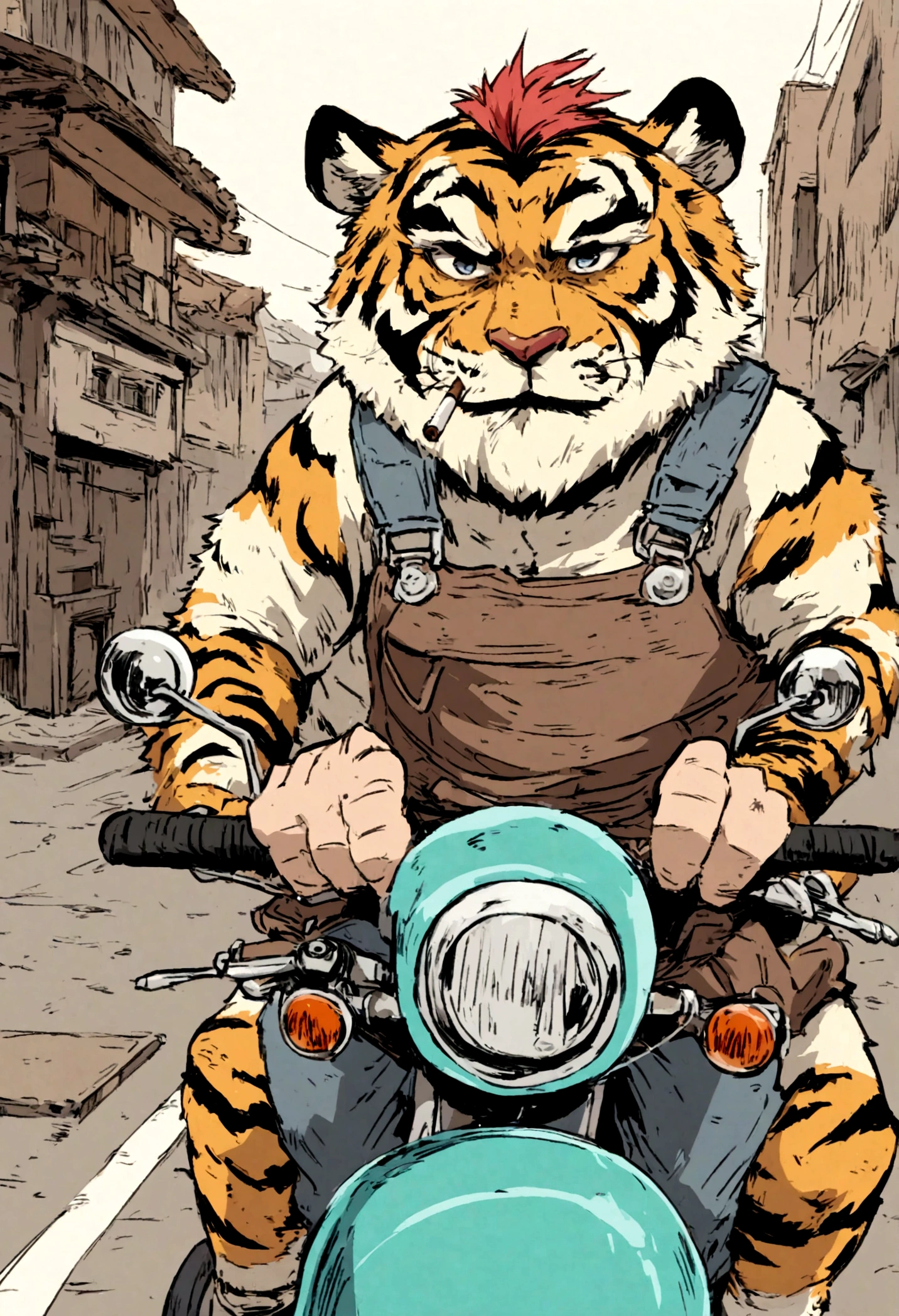 A large, rugged tiger-man riding a small scooter with a cigarette in his mouth Wearing overalls Anime drawings Japanese manga style