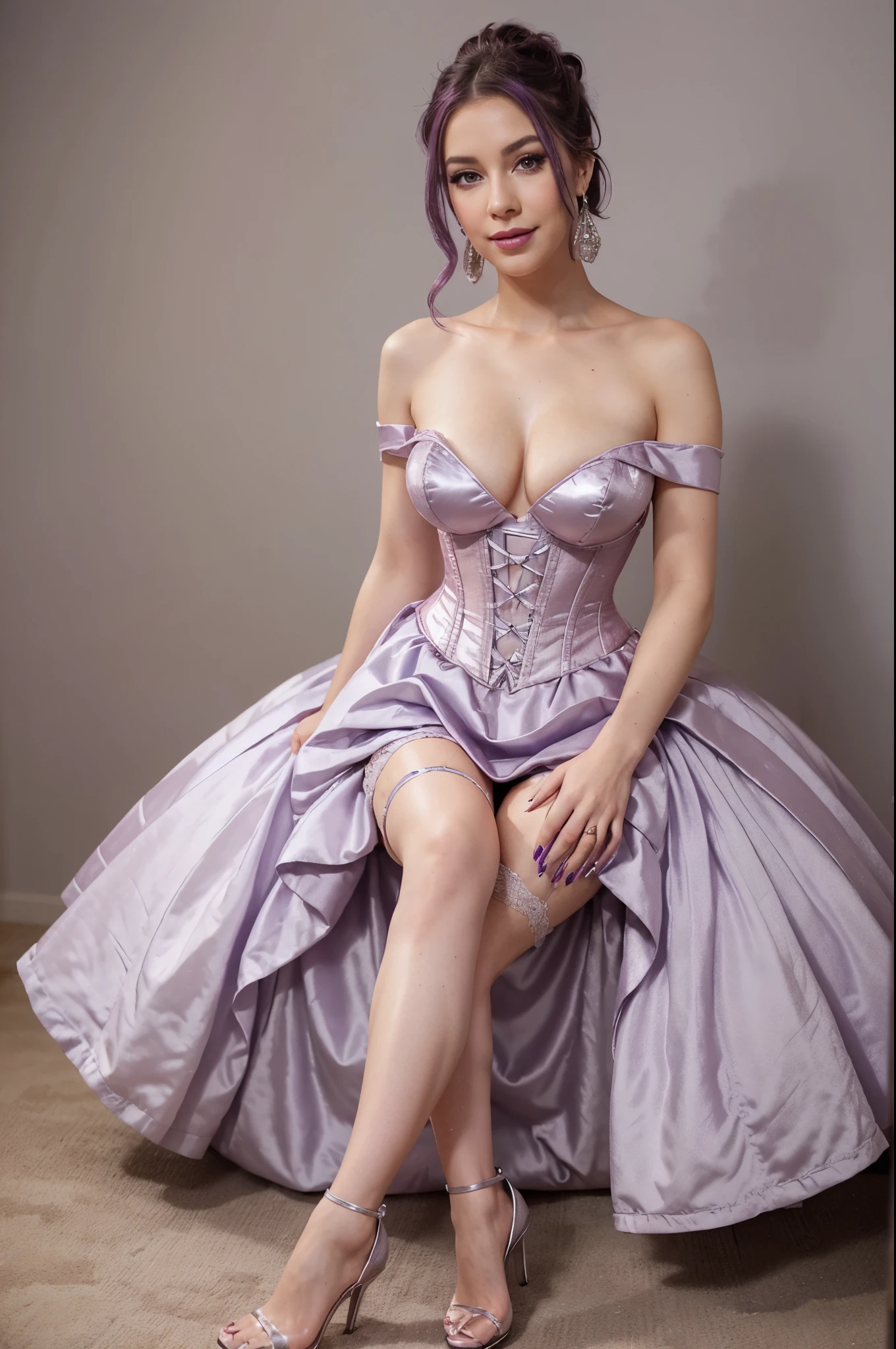 I want you generate a image of me wearing a soft pink corset ball gown which has asymmetric neckline with dangling silver earrings and silver high heels and as for the makeup, purple eye shadow with lavender pink lipstick and Lengthening Mascara and purple nail polish And a pretty smile with a little bit of pink blush, with only two legs cover up breasts