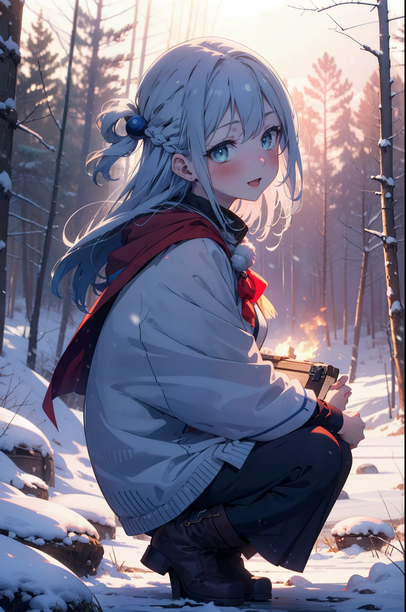 konosubaAqua, Aqua, Long Hair, blue eyes, hair ornaments, very Long Hair, Blue Hair, Hair Ring, シングルHair Ring, Hair ties,smile,smile,blush,White Breath,
Open your mouth,snow,Ground bonfire, Outdoor, boots, snowing, From the side, wood, suitcase, Cape, Blurred, , forest, White handbag, nature,  Squat, Mouth closed, Cape, winter, Written boundary depth, Black shoes, red Cape break looking at viewer, Upper Body, whole body, break Outdoor, forest, nature, break (masterpiece:1.2), highest quality, High resolution, unity 8k wallpaper, (shape:0.8), (Beautiful and beautiful eyes:1.6), Highly detailed face, Perfect lighting, Highly detailed CG, (Perfect hands, Perfect Anatomy),