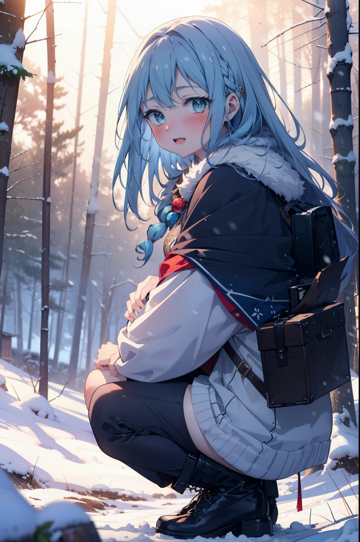 konosubaAqua, Aqua, Long Hair, blue eyes, hair ornaments, very Long Hair, Blue Hair, Hair Ring, シングルHair Ring, Hair ties,smile,smile,blush,White Breath,
Open your mouth,snow,Ground bonfire, Outdoor, boots, snowing, From the side, wood, suitcase, Cape, Blurred, , forest, White handbag, nature, Squat, Mouth closed, Cape, winter, Written boundary depth, Black shoes, red Cape break looking at viewer, Upper Body, whole body, break Outdoor, forest, nature, break (masterpiece:1.2), highest quality, High resolution, unity 8k wallpaper, (shape:0.8), (Beautiful and beautiful eyes:1.6), Highly detailed face, Perfect lighting, Highly detailed CG, (Perfect hands, Perfect Anatomy),