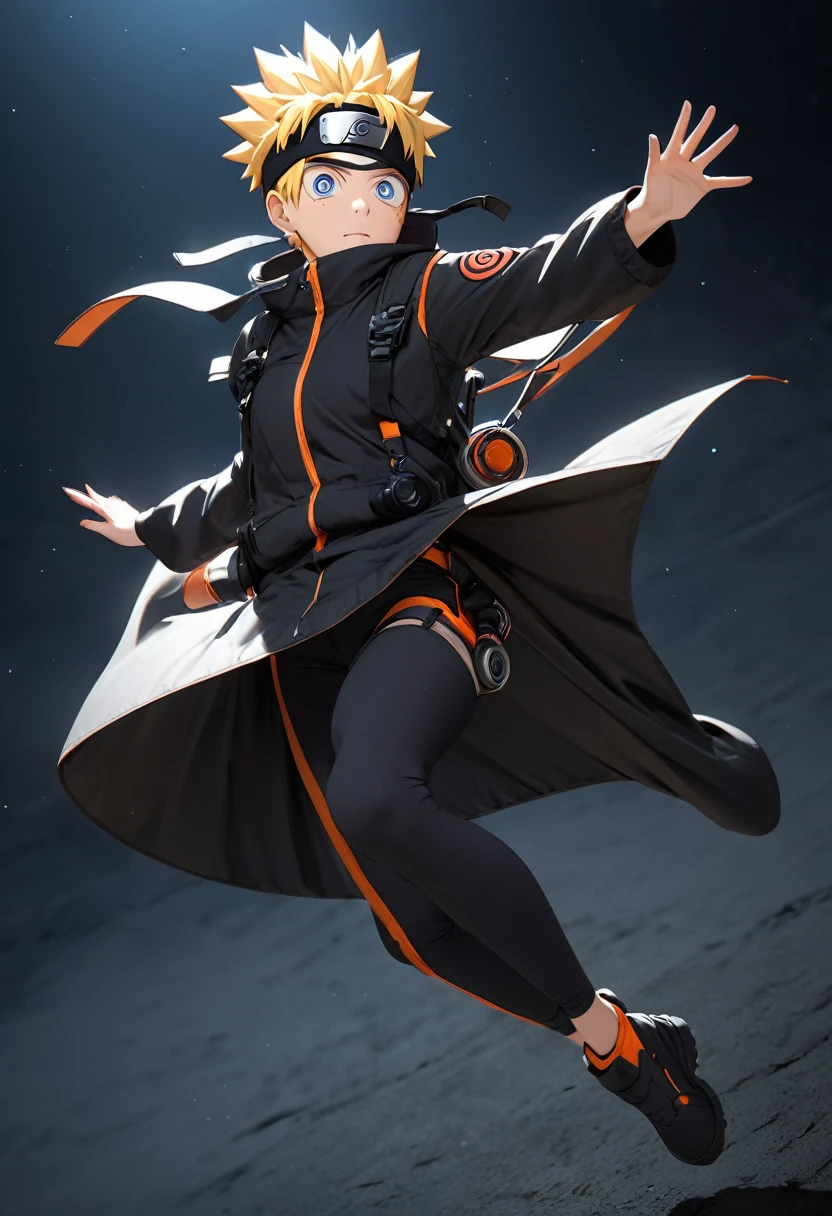 (A JustforFun Creation:0.1) detailed photography, high quality, DSLR, beautiful, (full body shot) of ((anti gravity Naruto uzumaki)), dressed in ((flying costume)), floating, actiona pose, fine detail, dark theme, at night, post processing realistic shadow rendering