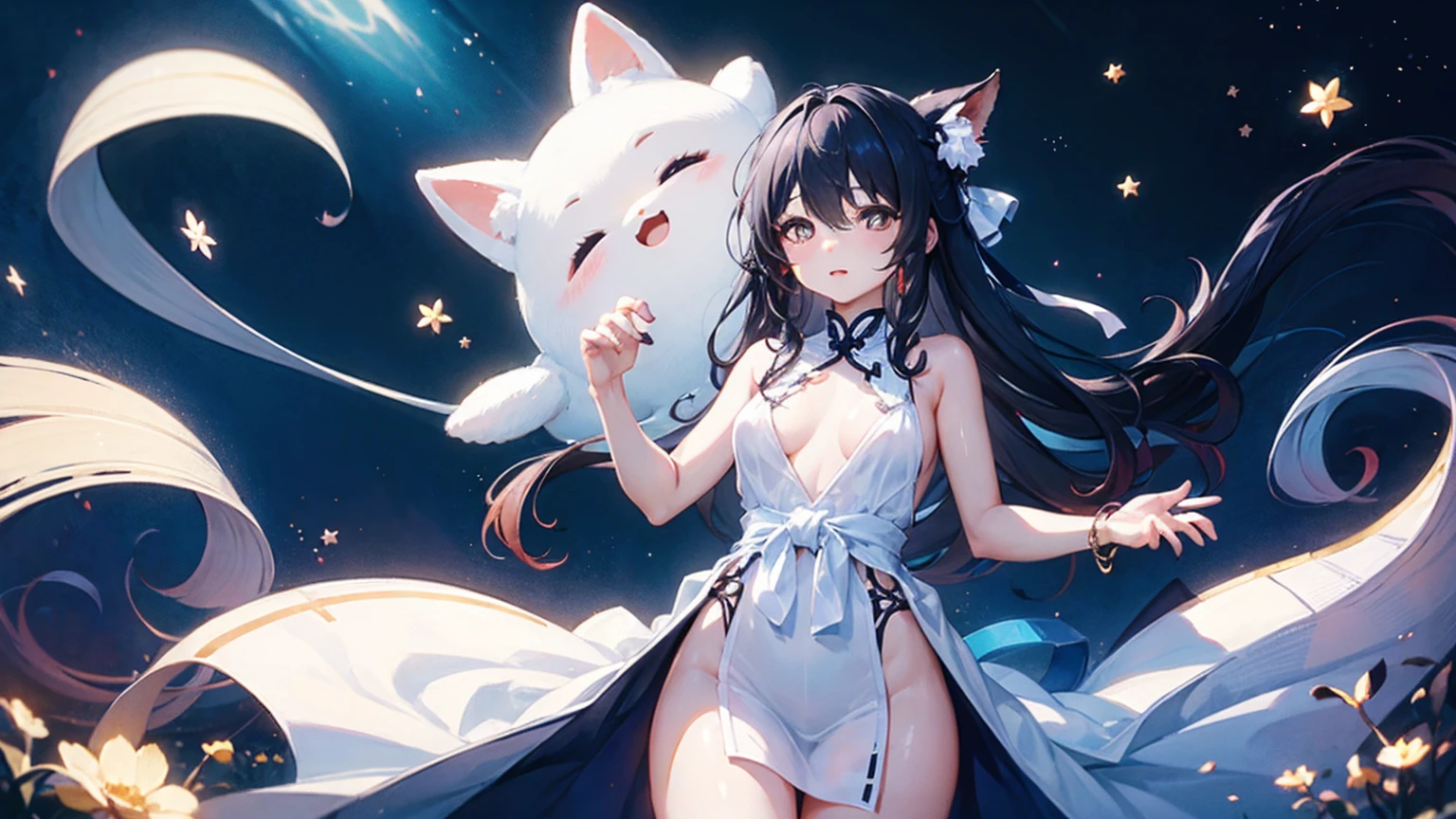 masterpiece，A ，Black Hair，Silky，Waist and waist，头顶由Black Hair形成的小兽耳，Wearing a white slip dress，The eyes are golden vertical pupils，Delicate face，Kind expression，There is a white fox tail behind，Fair skin。She stands，Magnificent，so big，boundless，Nine stars on。