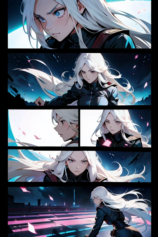 Girl with long white hair fighting to the death, manga page with panels and dialogue
