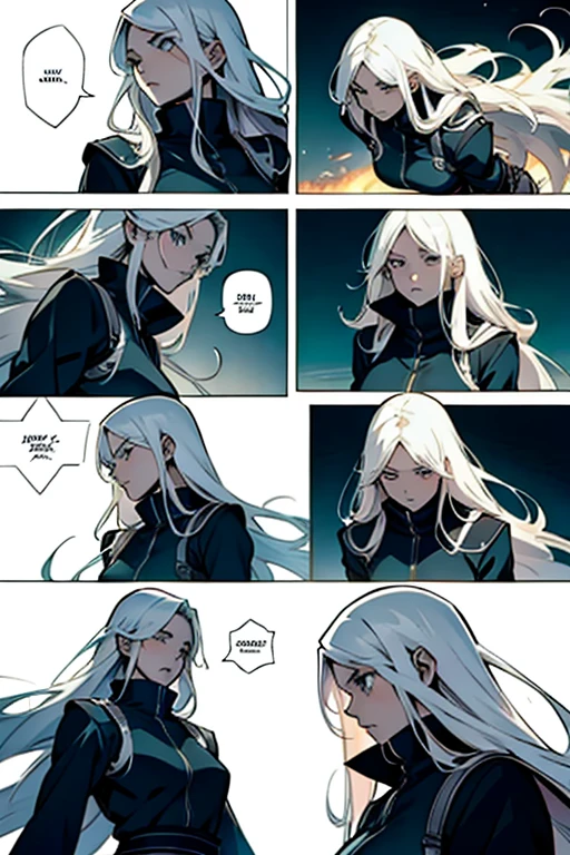 Girl with long white hair fighting to the death, manga page with panels and dialogue