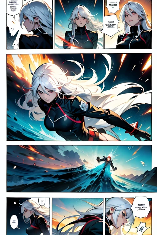 Girl with long white hair fighting to the death, manga page with panels and dialogue