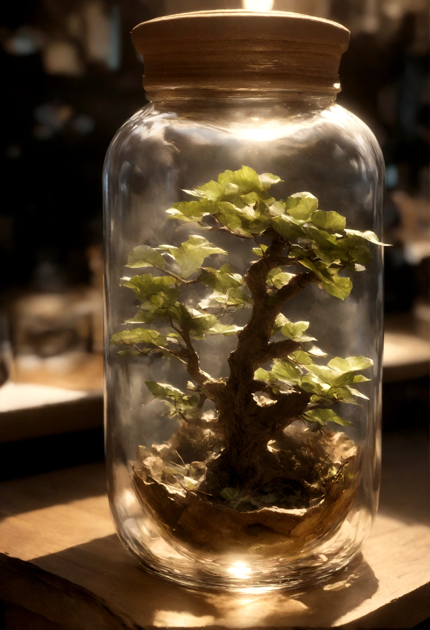 Dreamy art tree in bottle, fluffy, realistic, photo, canon, dreamy, art, colorful leaves and branches, flowers blooming on the head. Ultra-detailed photorealism by Greg Rutkowski - H 1024 W 804 | f1 6 lens mark 2:2 s 3555mm film grain: 1 lifelike high resolution Sharp focus contrast!! Complex and detailed atmospheric light refraction lighting Unreal Engine 5 Cinematic Concept Photo Masterpiece Octane Render Rendered as a trend in CGSighbour