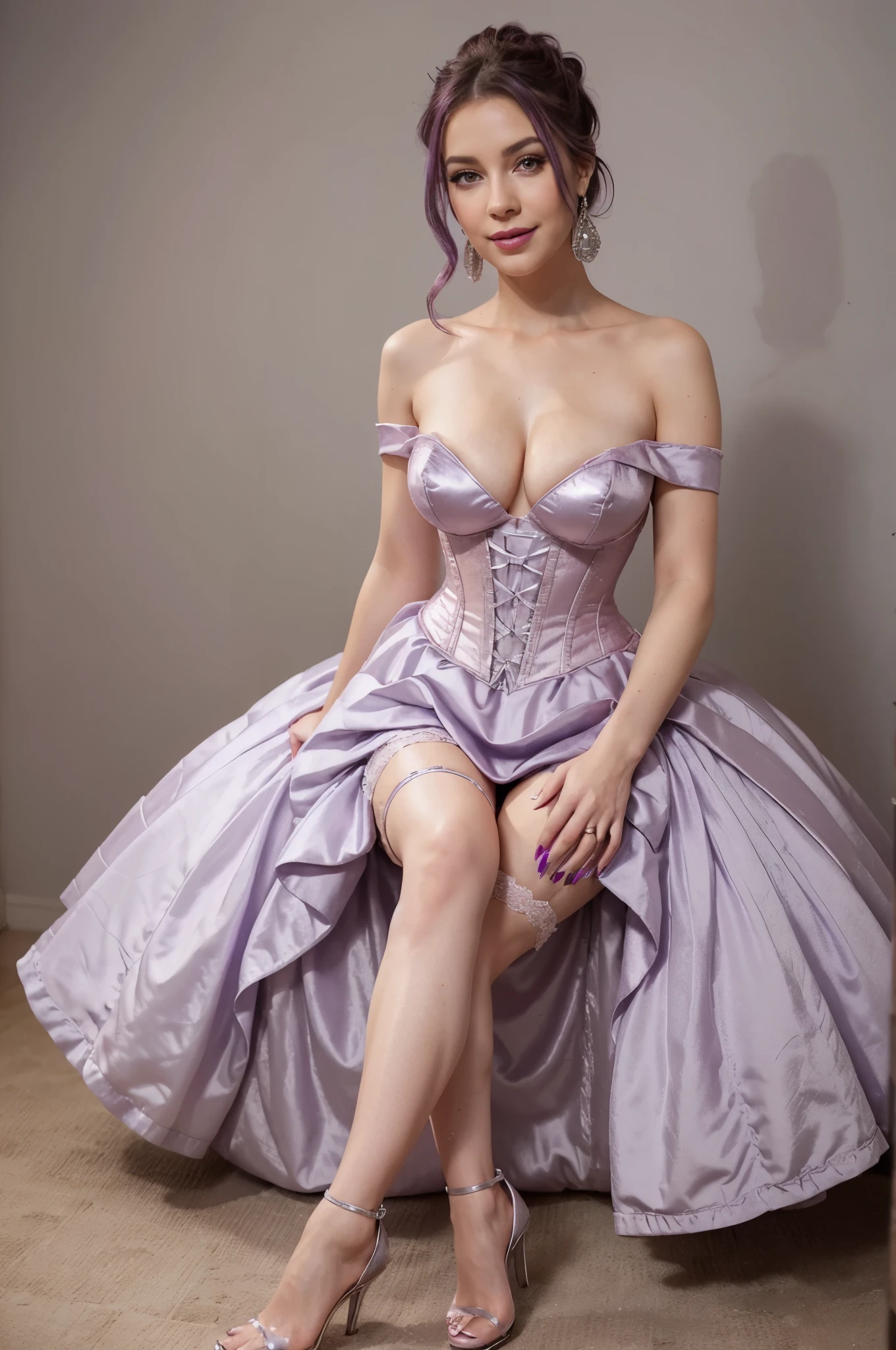 I want you generate a image of me wearing a soft pink corset ball gown which has asymmetric neckline with dangling silver earrings and silver high heels and as for the makeup, purple eye shadow with lavender pink lipstick and Lengthening Mascara and purple nail polish And a pretty smile with a little bit of pink blush, with only two legs cover up breasts
